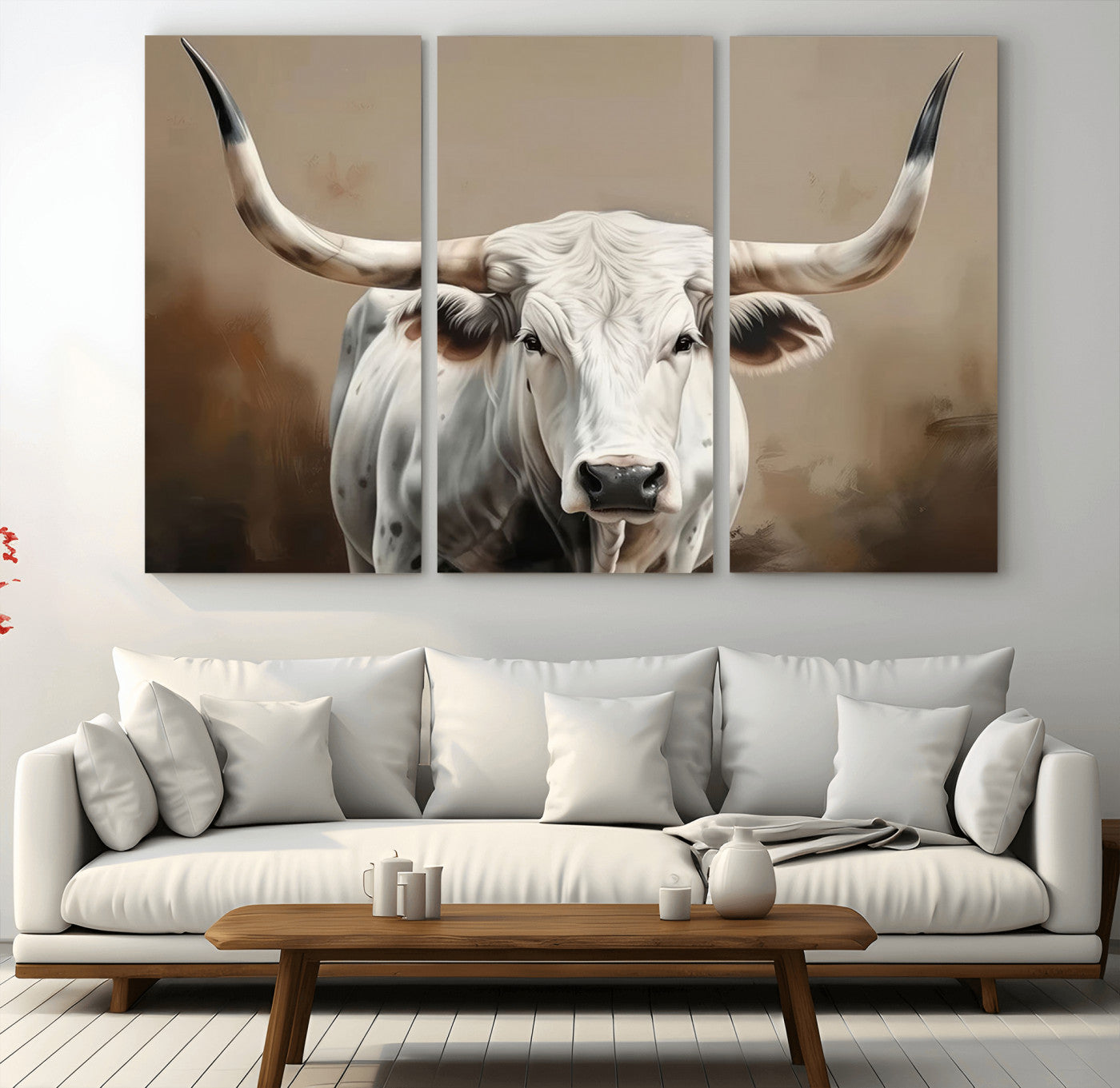 -White Longhorn Bull Wall Art Canvas Print – Framed and Ready to Hang – Perfect for Farmhouse and