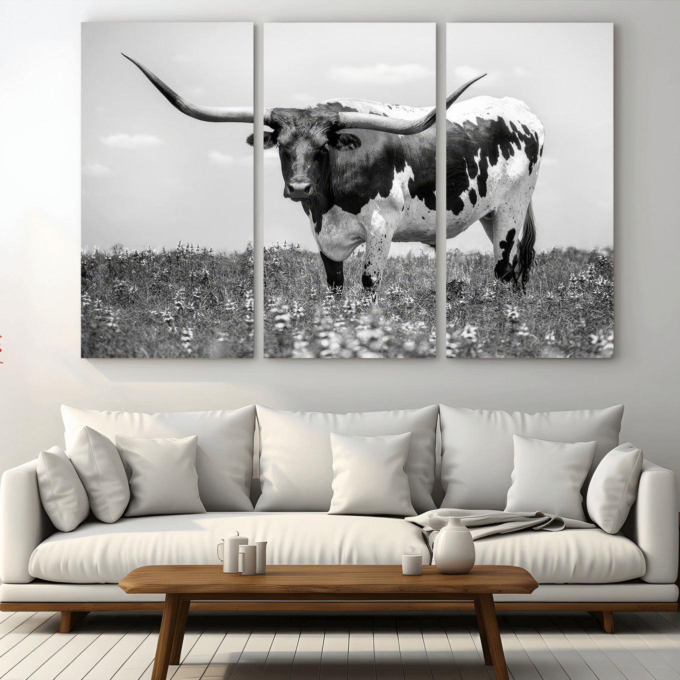 -Texas Black White Highland Longhorn Cow Wall Art Canvas Print