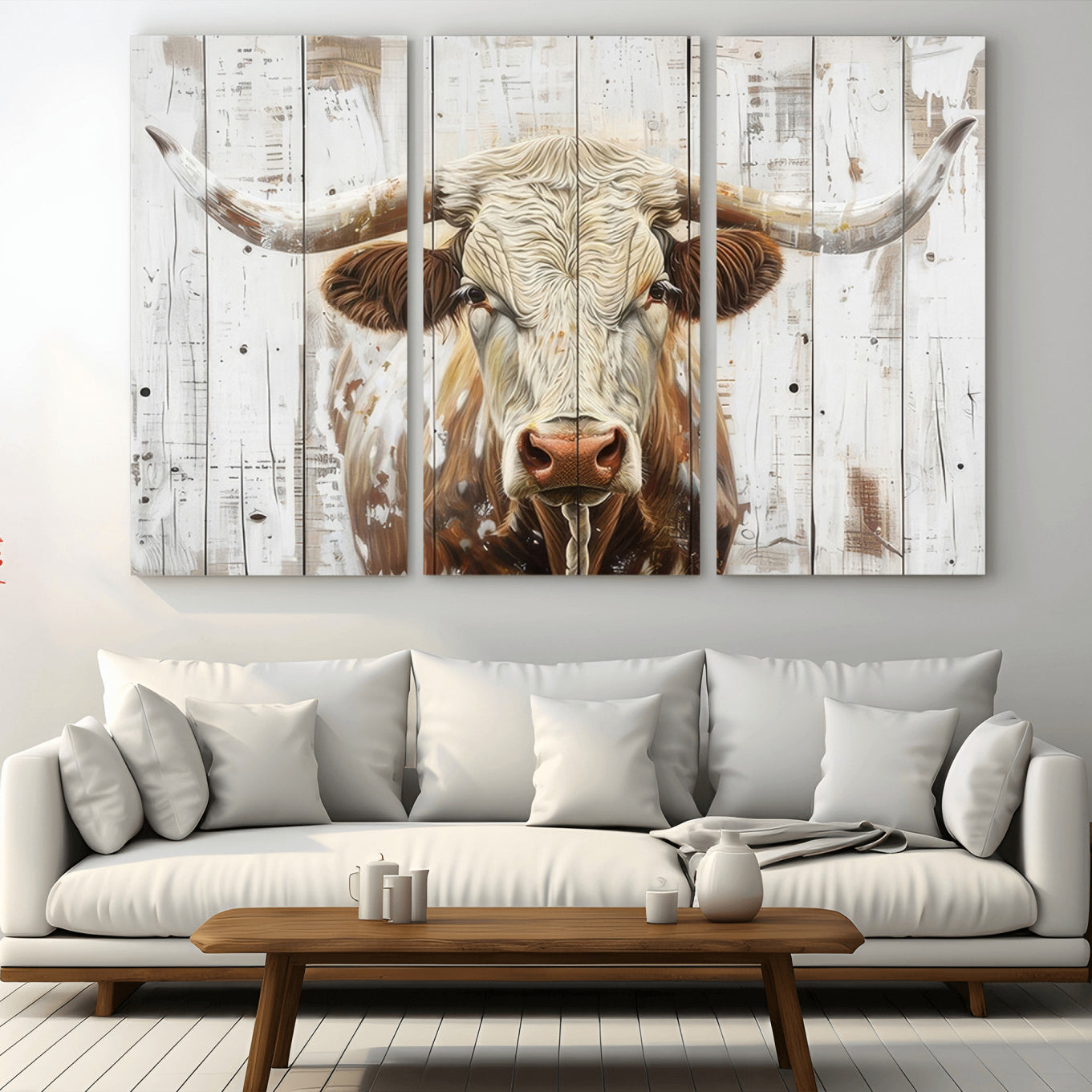 71551-MGV-CV-48X32-3P-Rustic Longhorn Bull Wall Art Canvas Set – Western-Inspired Farmhouse Décor - Ready to Hang
