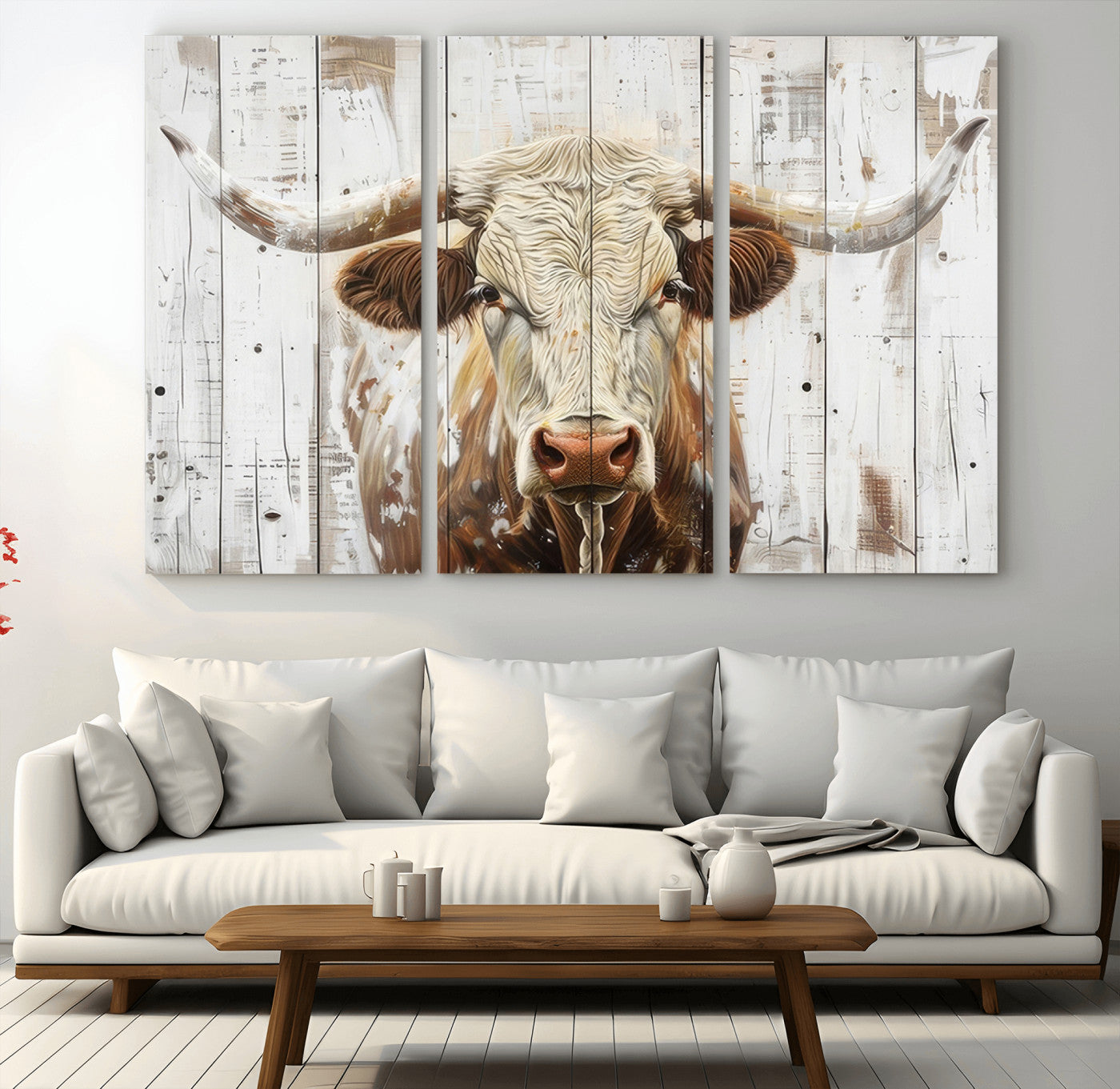 71551-MGV-CV-48X32-3P-Rustic Longhorn Bull Wall Art Canvas Set – Western-Inspired Farmhouse Décor - Ready to Hang