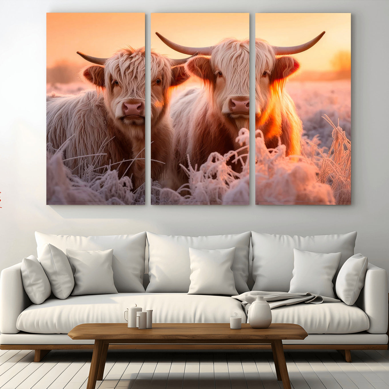 -Highland Cows at Sunrise Wall Art Canvas Set – Serene and Rustic Farmhouse Decor