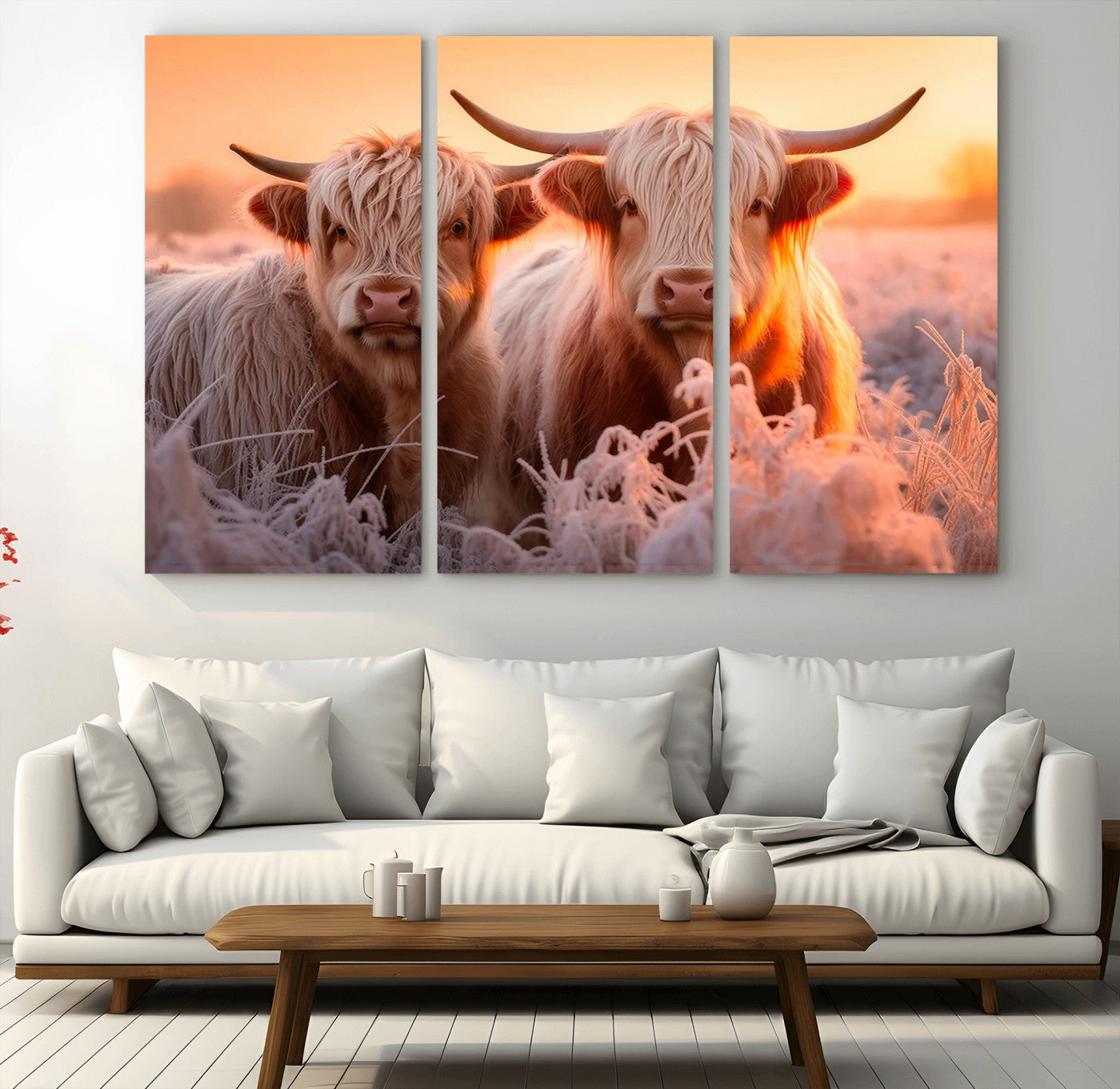 -Highland Cows at Sunrise Wall Art Canvas Set – Serene and Rustic Farmhouse Decor