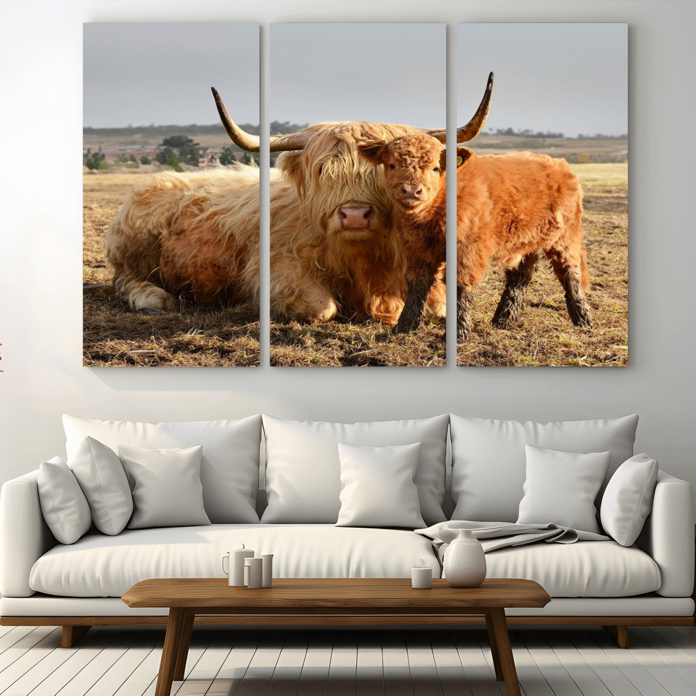 53461-MGV-CV-48X32-3P-Highland Cow Canvas Wall Art Animal Print for Farm House Decor