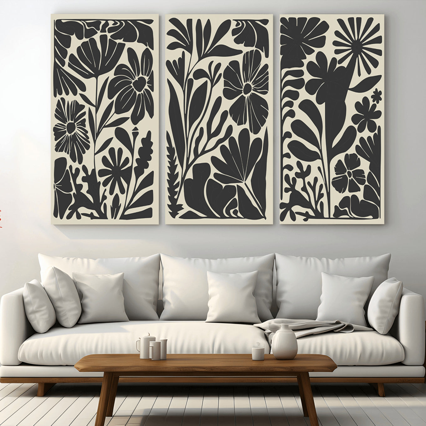 80184-MGV-CV-48X32-3P-Modern Botanical Wall Art - Floral Black and White Canvas Print, Framed, Ready to Hang