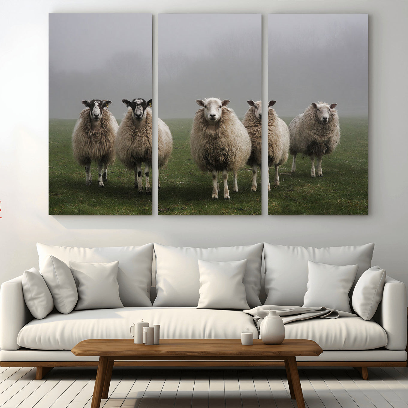 -Flock of Sheep in a Mystical Fog – Pastoral Wall Art Canvas Print, Framed, Ready to Hang