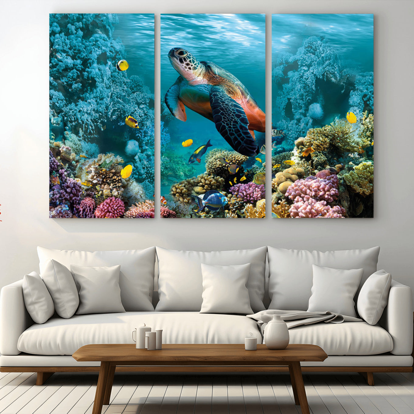 -Sea Turtle and Coral Reef Triptych Wall Art – Vibrant Underwater Scene Canvas Set for Ocean Lovers