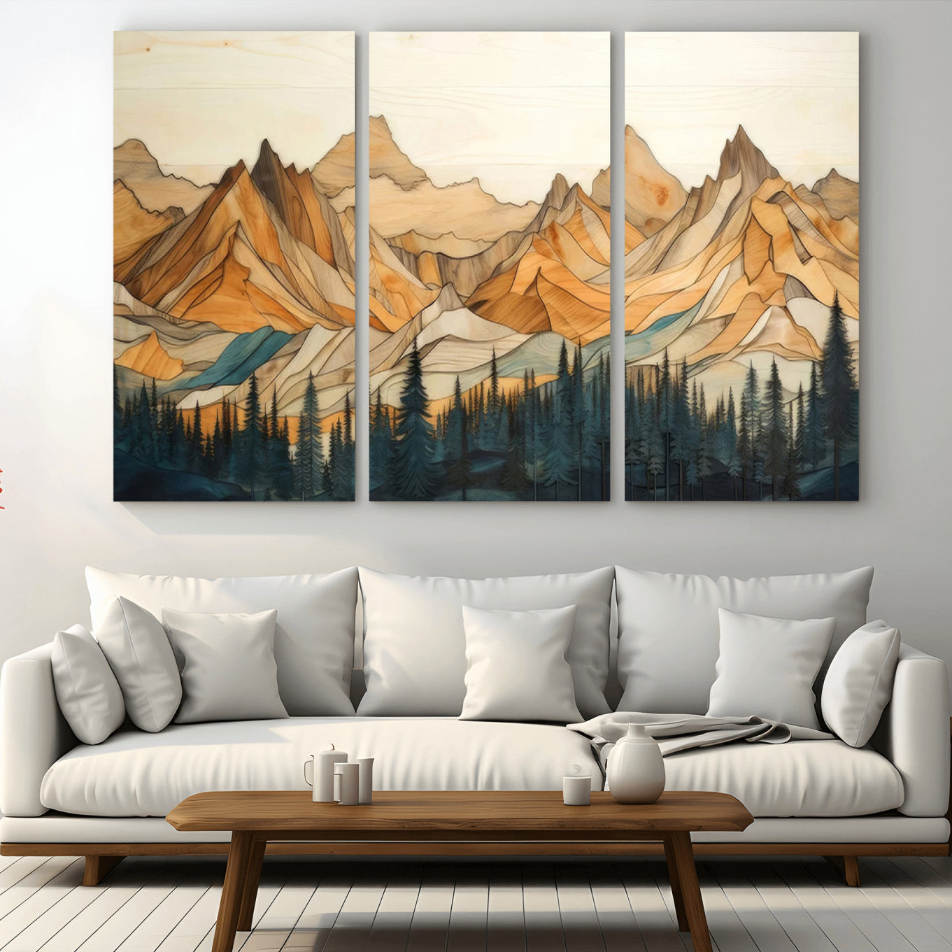 31576-MGV-CV-36X24-Rustic Wood Mountain Wall Art Print | Triptych Giclee Print Featuring Handcrafted Forest and