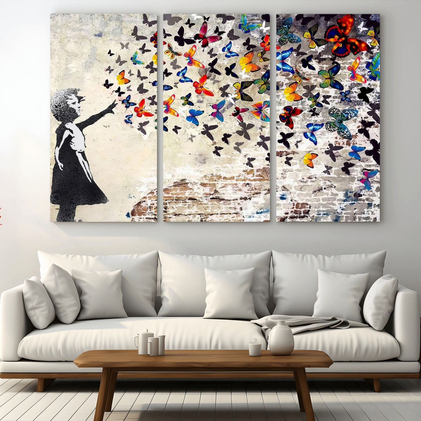 -Banksy Graffiti Wall Art Canvas Print: Girl Releasing Vibrant Butterflies – Ready to Hang