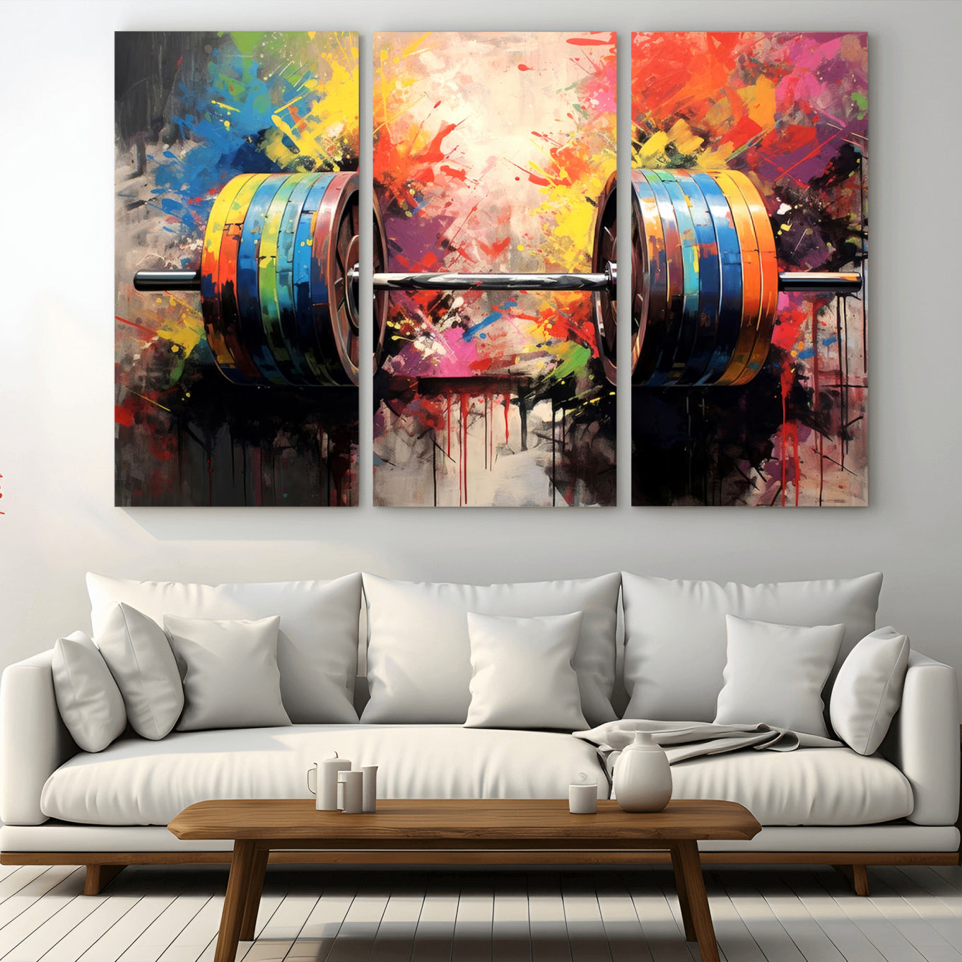 80436-MGV-CV-36X24-Weightlifting Barbell Art Triptych, Bold Abstract Fitness Wall Decor for Gym or Home, Giclee Canvas