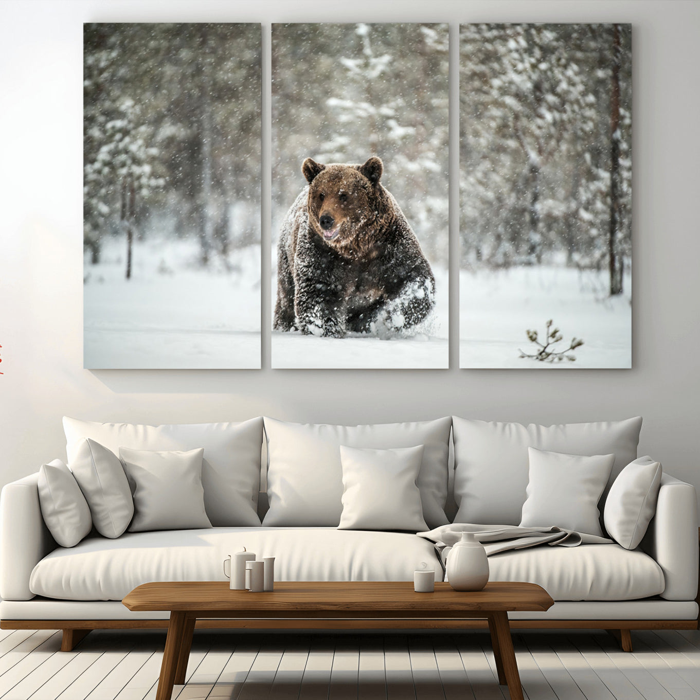 MGV-CV-48X32-3P - Wall Art Canvas Print – Grizzly Bear in Snowy Forest Powerful Presence Snowy Wilderness Wild Beauty