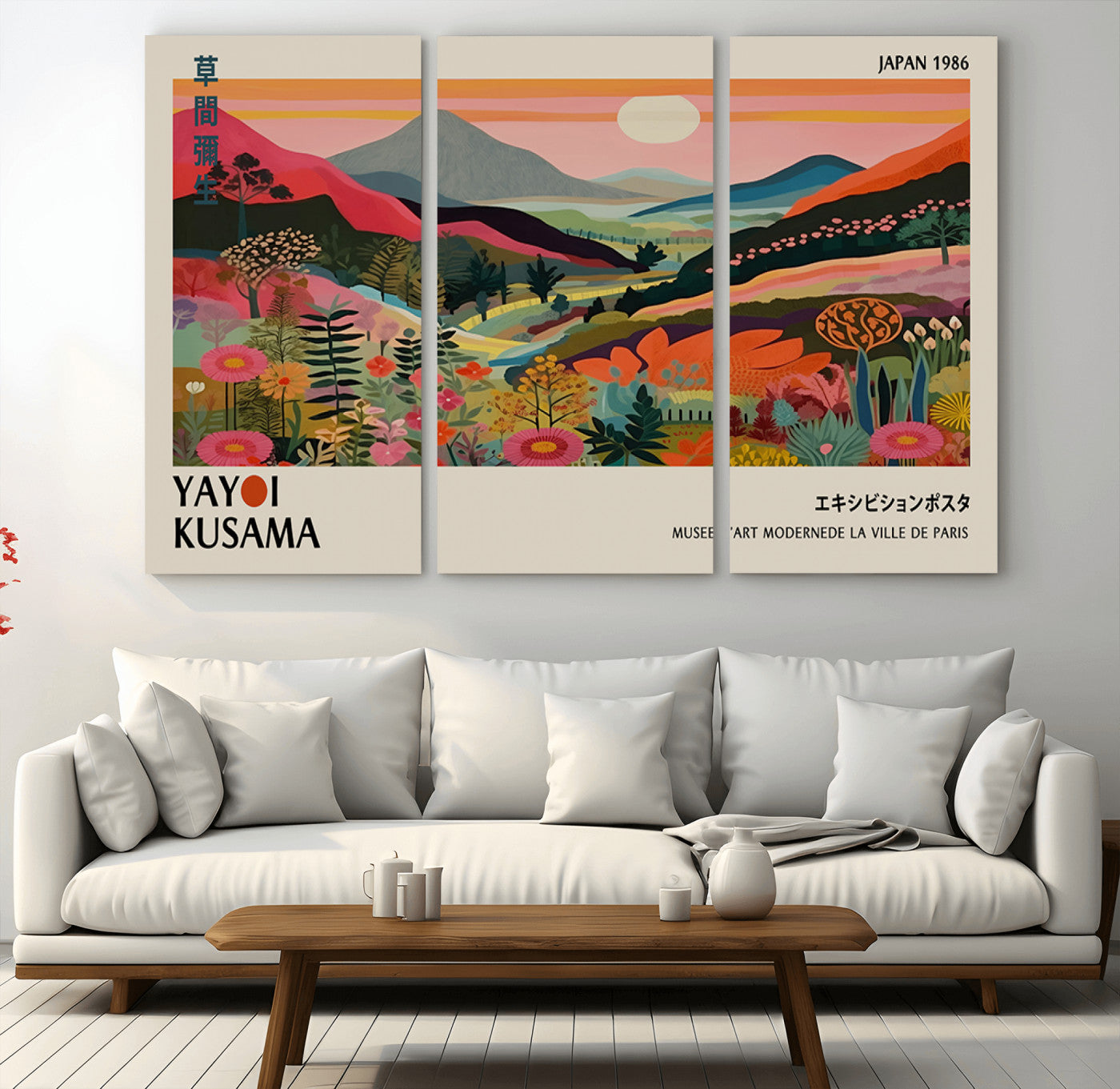 87360-MGV-FC-93X47-3P_Black-Yayoi Kusama Landscape Canvas Print, Vibrant Floral Mountain Art Print, Botanical Flower Nature