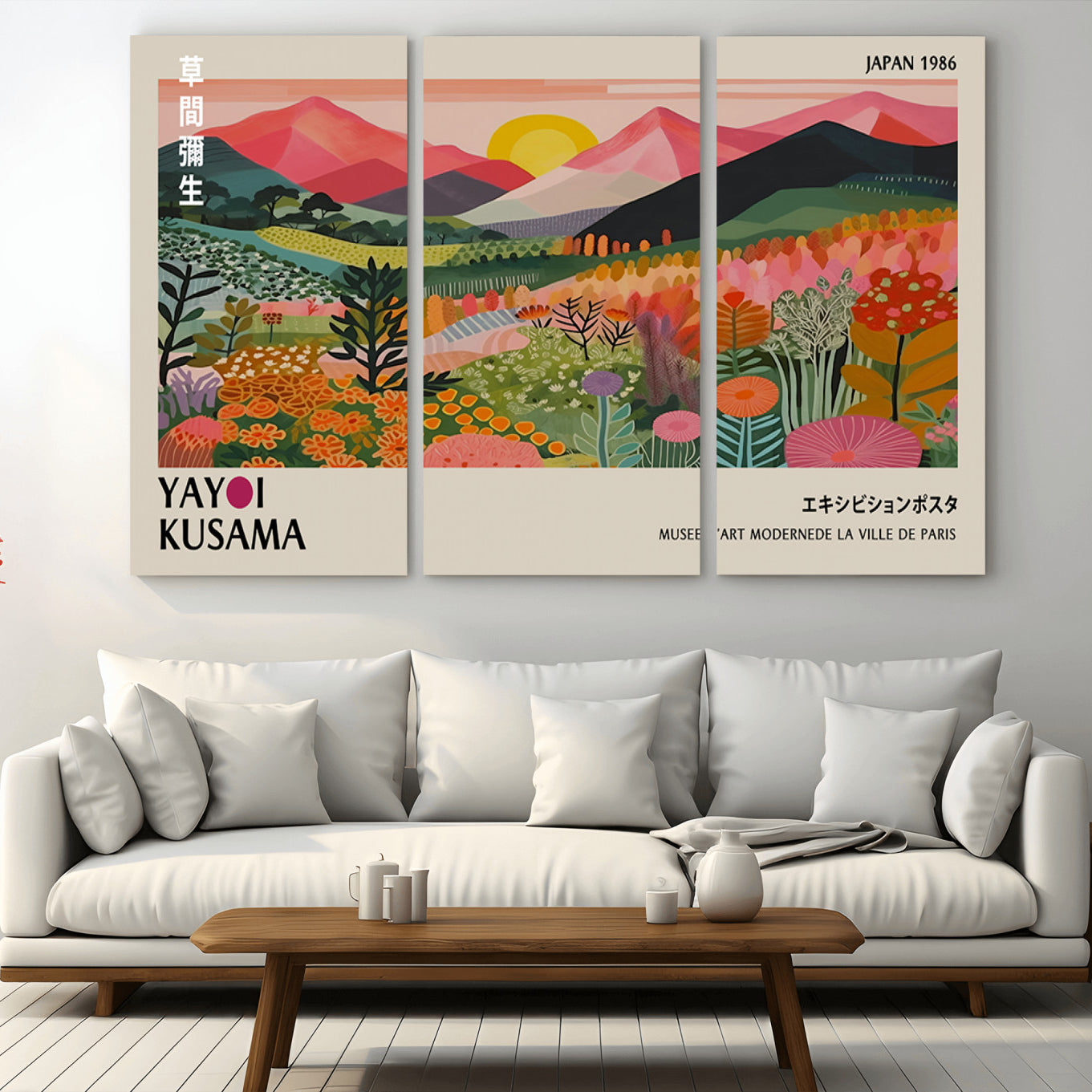 30051-MGV-CV-36X24 - Yayoi Kusama Landscape Canvas Print, Vibrant Floral Mountain Art Print, Framed Botanical Wall Art