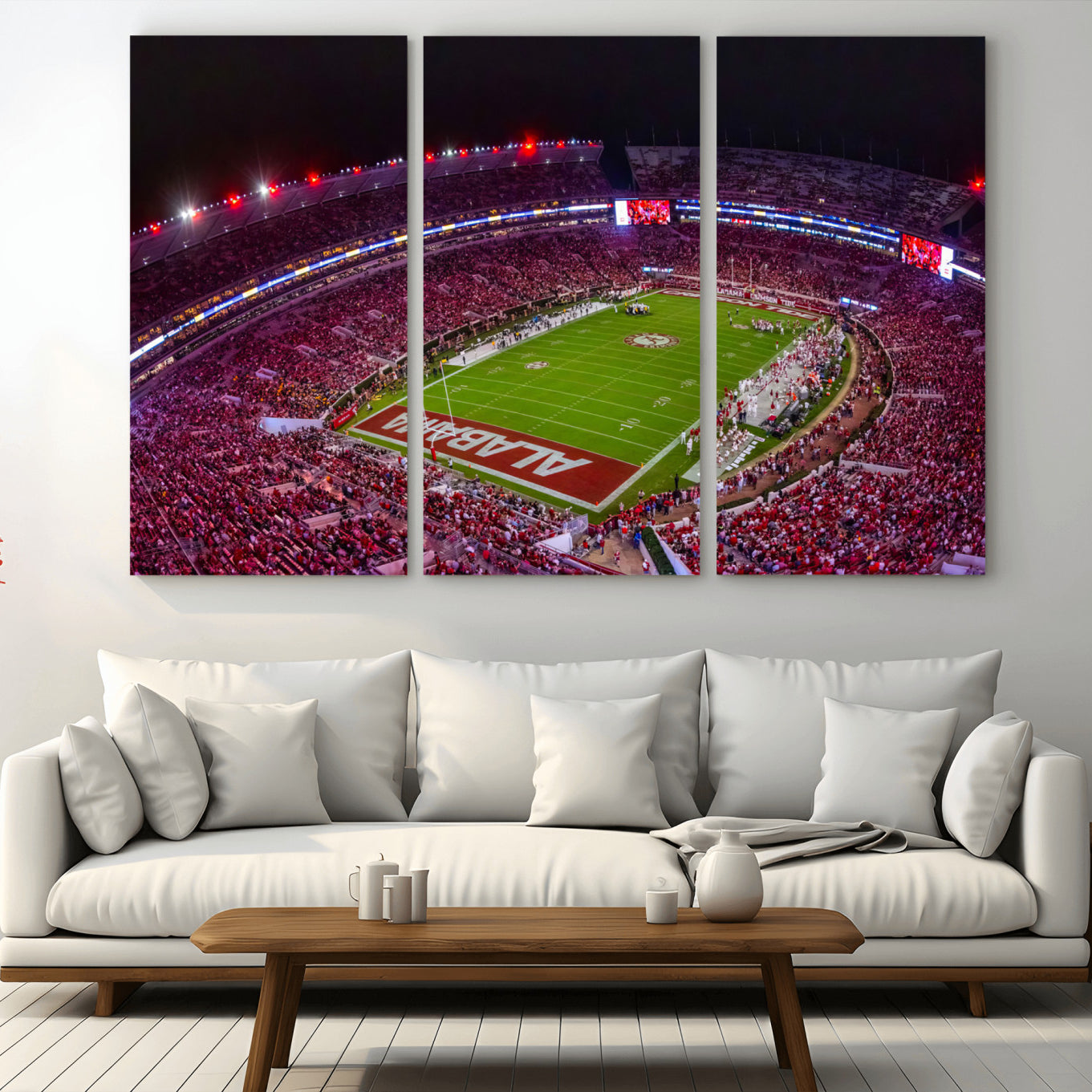 -Bryant-Denny Stadium Night Game Triple Canvas Wall Art - Alabama Crimson Tide Football Match