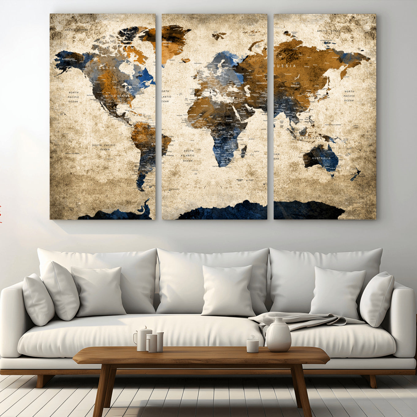 -World Map Wall Art – Rustic Earth Tone Canvas Print, Antique Travel Map Design for Living Room, Office or Study, Classic Adventure Decor
