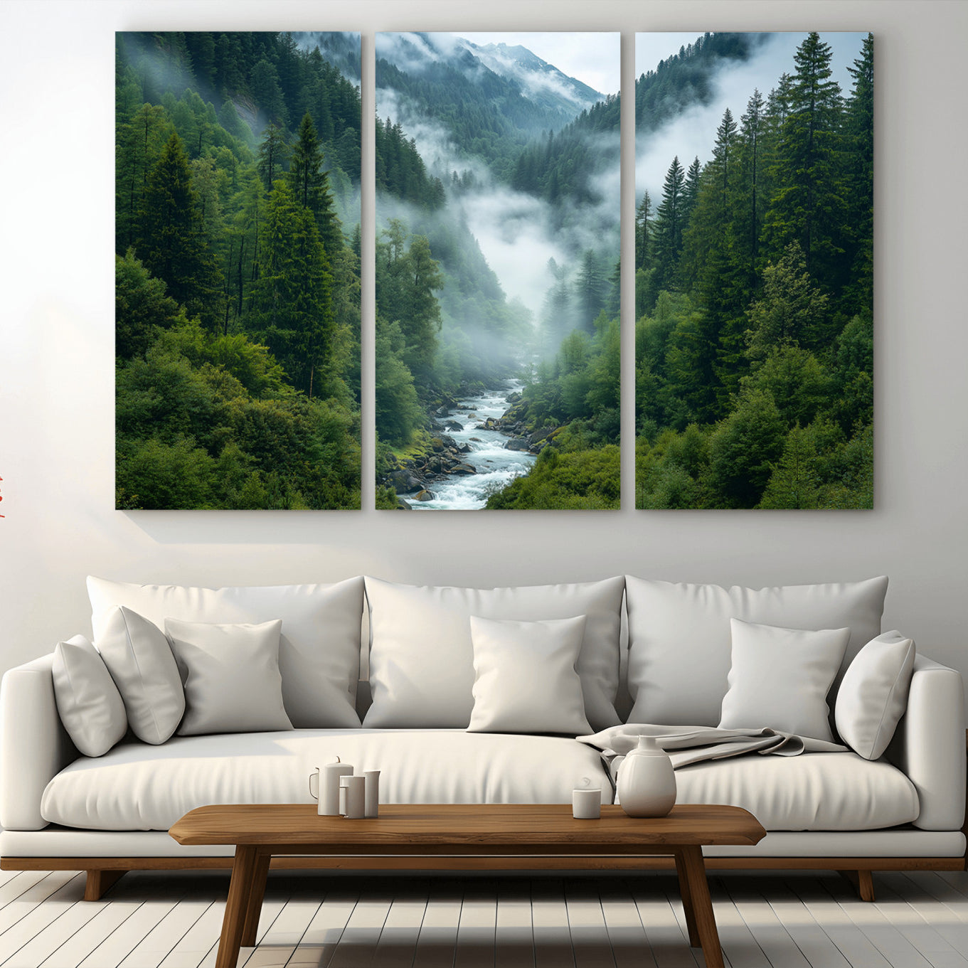 -Mountain Forest River Canvas Wall Art Print - Serene Nature Landscape for Living Room, Office, or