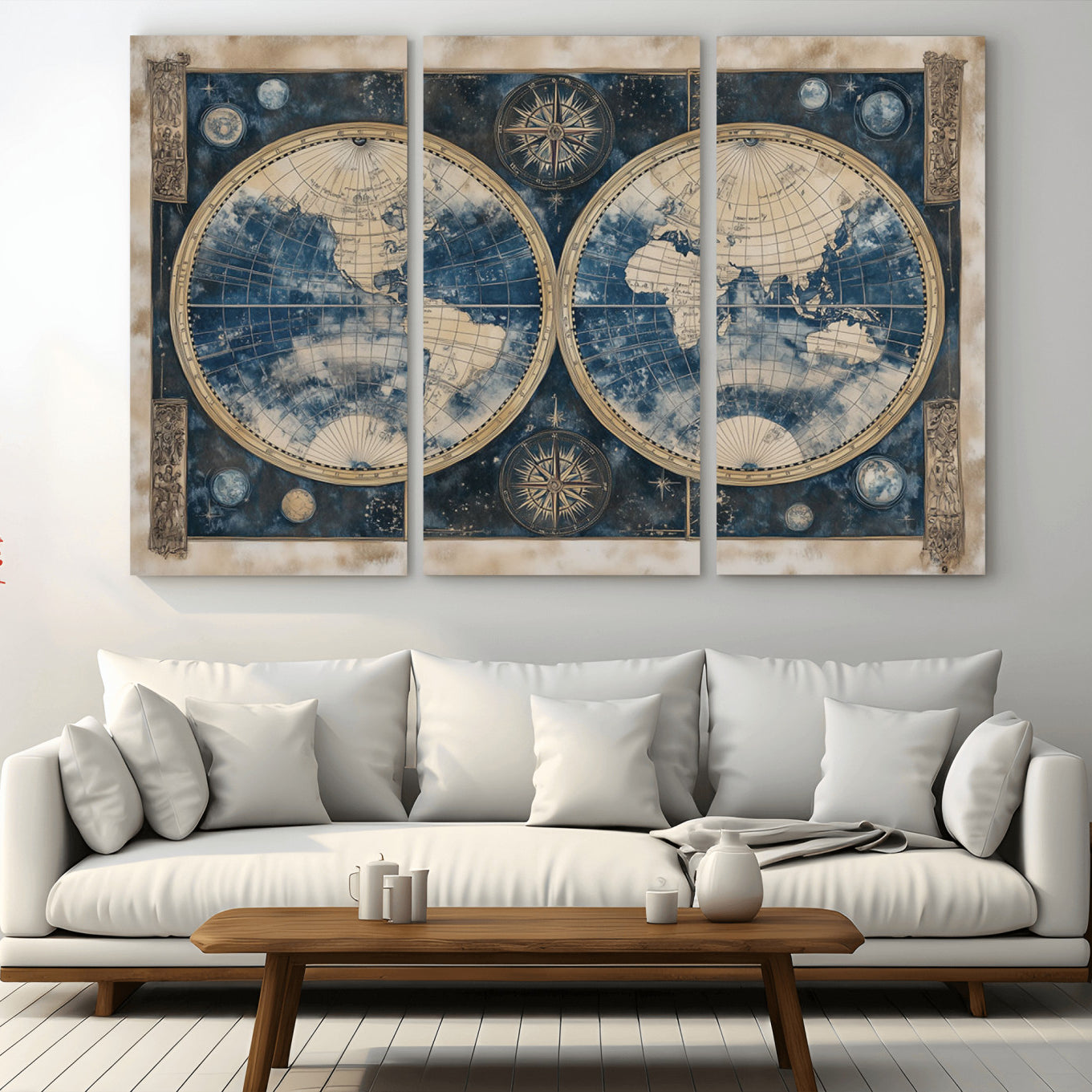 -Framed Vintage Blue World Map Canvas Print – Antique Double Hemisphere Wall Art for Home and Office Decor, Classic Explorer Map Artwork