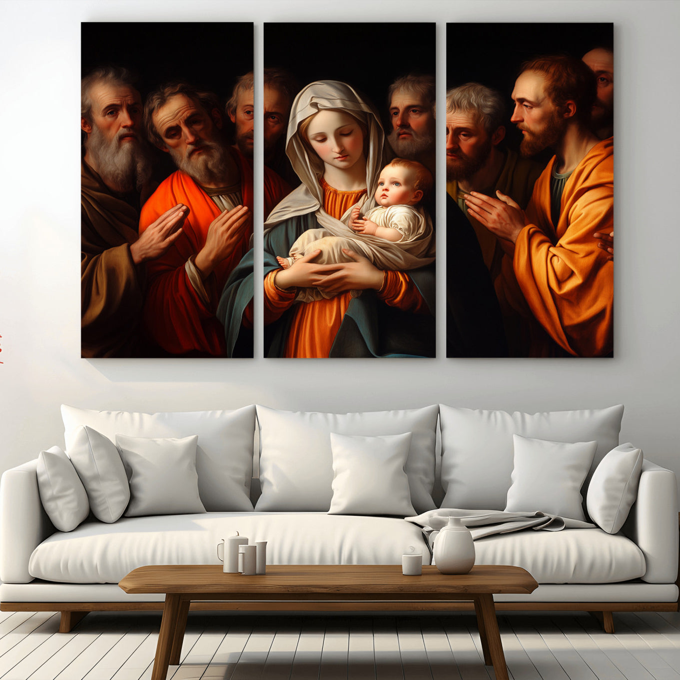 MGV-CV-48X32-3P - Religious Canvas Wall Art Print - Madonna and Child with Apostles Art Print - Classic Christian