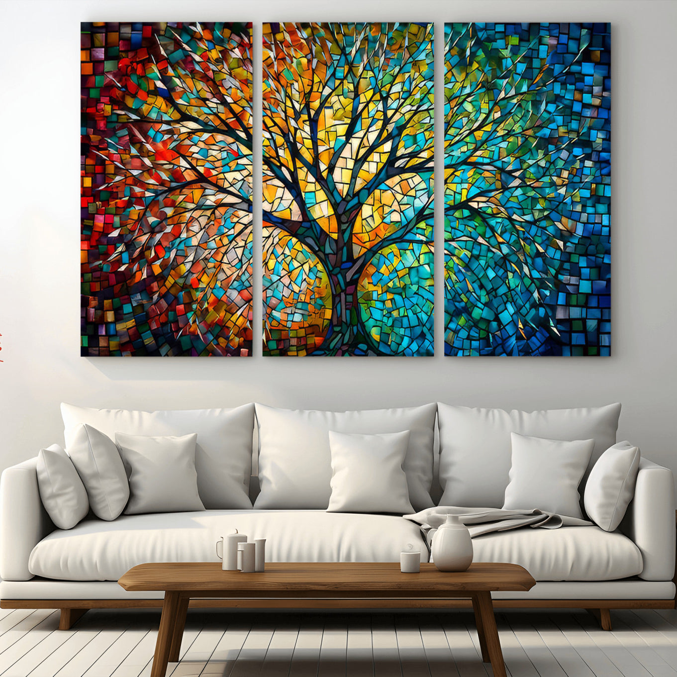 99325-MGV-CV-36X24-Yggdrasil Tree of Life Wall Art Print Canvas | Mosaic Style 3-Panel Canvas Print