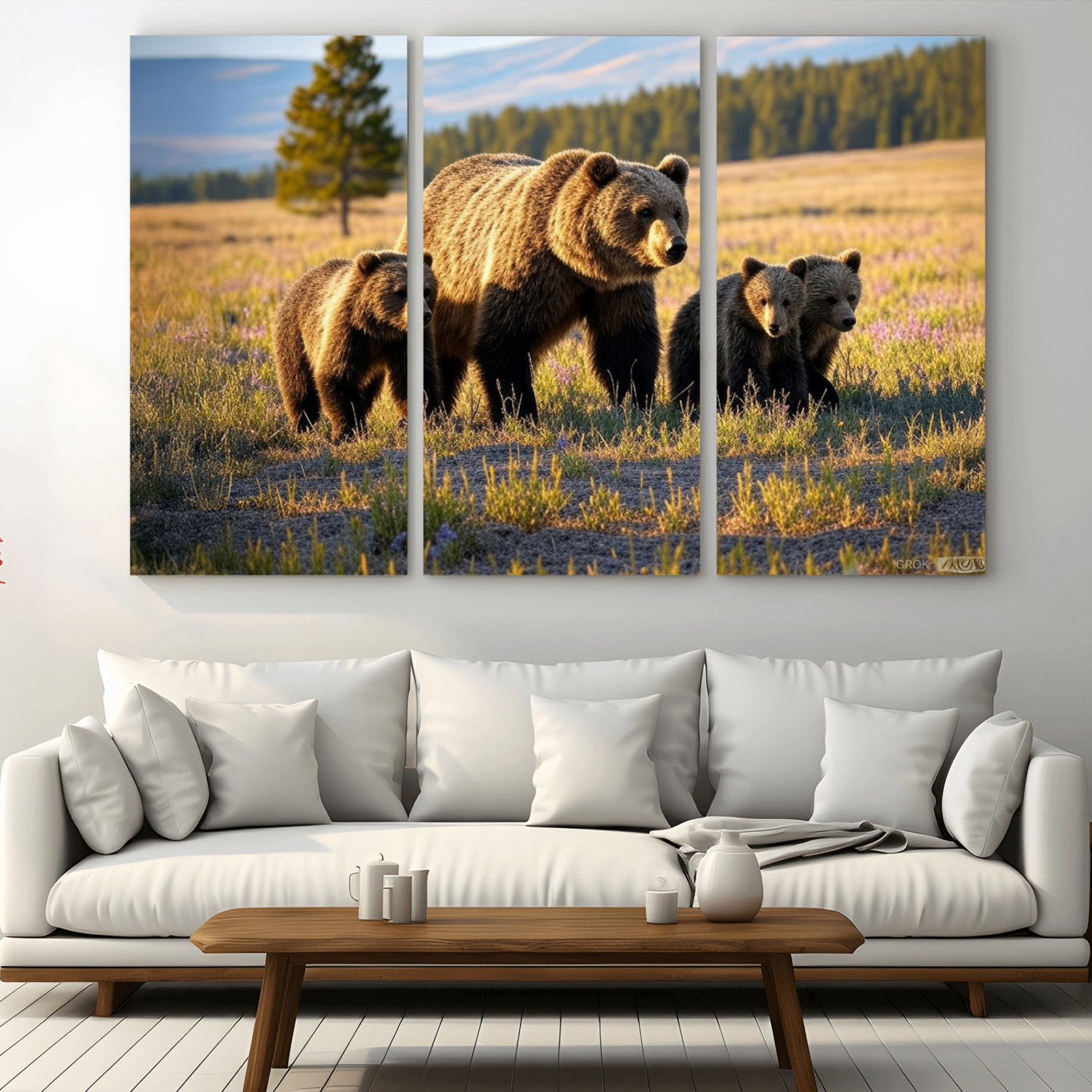 -Grizzly 399 in Wild Flowers Wall Art Canvas Print, Grizzly Bears Wall Art, Queen of Grand Teton