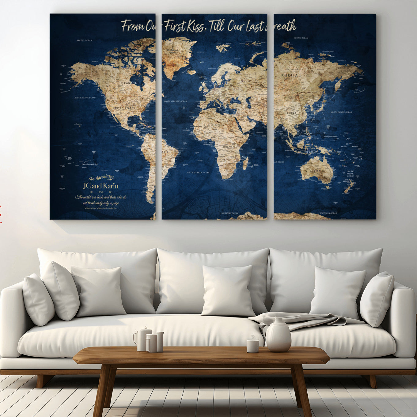 -Personalized Push Pin World Map Canvas Print – Custom Couple Travel Tracker Wall Art, Framed Anniversary Gift for Home Decor