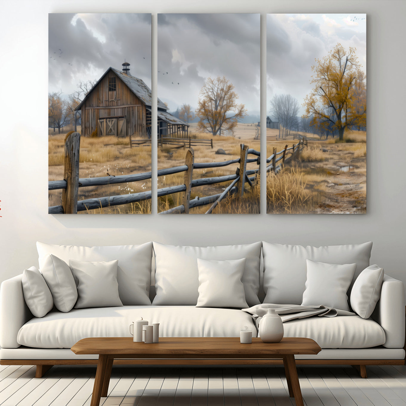 Farm1-MGV-CV-36X24-Rustic Autumn Farmhouse Wall Art Canvas Print – Serene Countryside Scene with Weathered Barn and