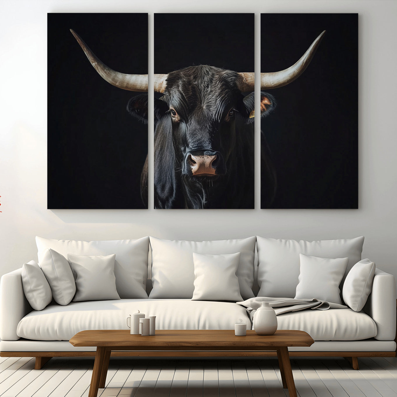 48065167-MGV-CV-36X24-Majestic Longhorn Bull Wall Art Canvas Print – Dark Background Western Ranch Portrait Artwork for Home, Office