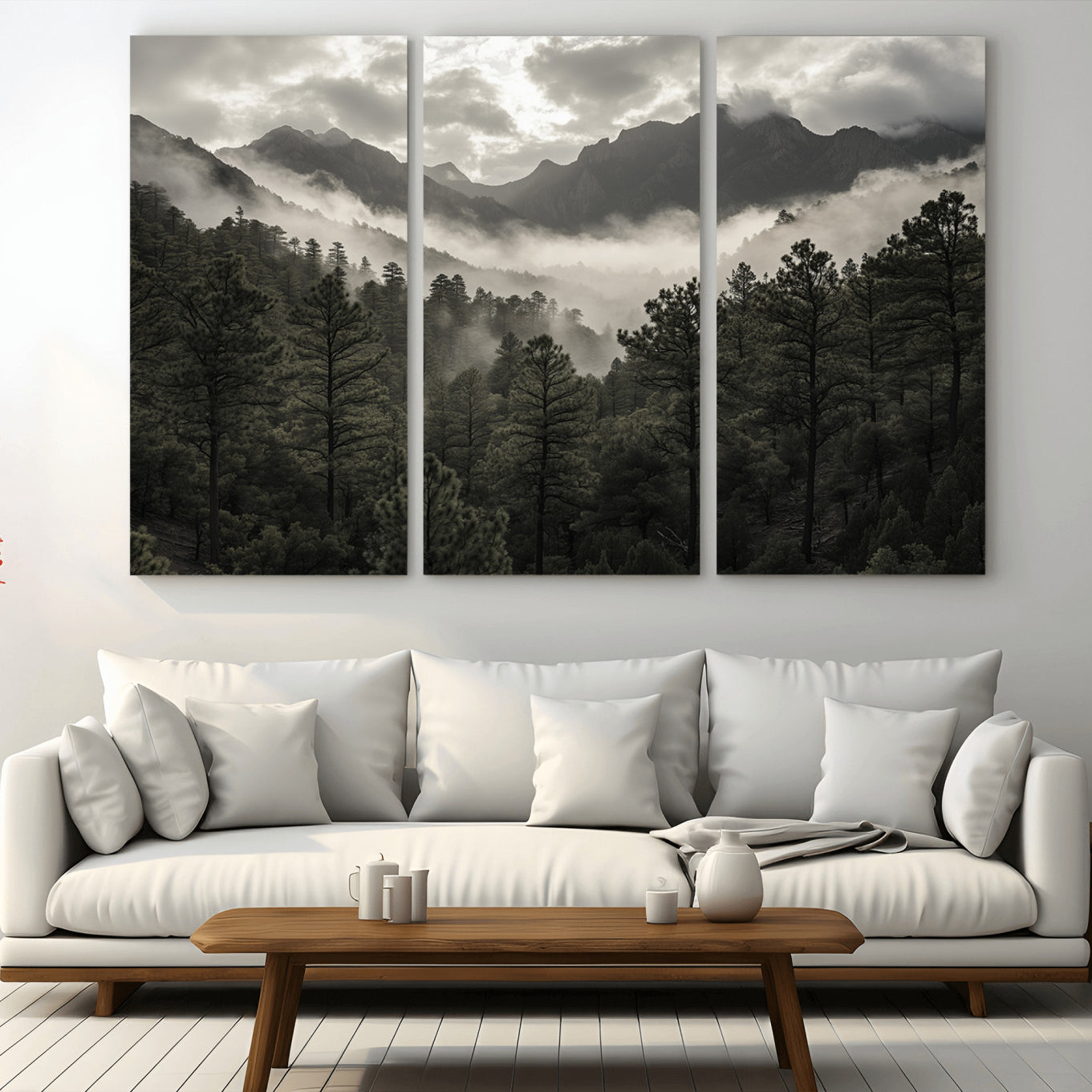 MGV-CV-48X32-3P - Misty Mountain Forest Wall Art – Canvas Print of Cloudy Peaks, Tranquil Pines, Enchanted Landscape, Majestic Nature Decor for Home or Office