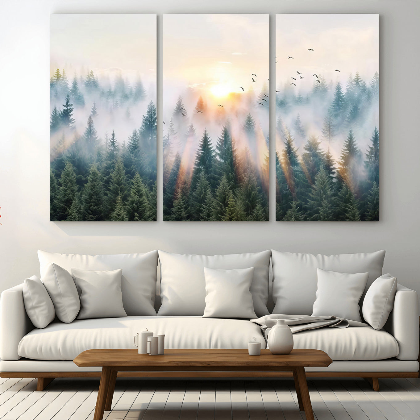 92718976-MGV-CV-36X24-Misty Pine Forest Wall Art Canvas, Sunrise Over Foggy Trees Canvas for Home - Office, Framed