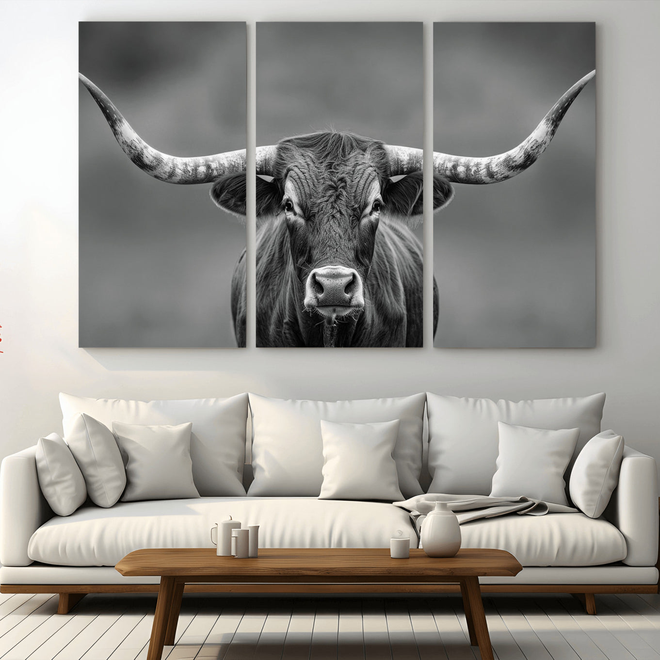 -Framed Texas Longhorn Bull Art Canvas Print, Western Bull Wall Art Print, Long Horn Bull Photo Print
