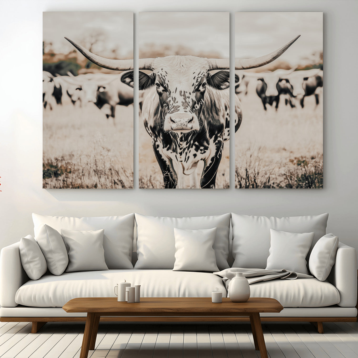 27497342-MGV-CV-36X24-Texas Longhorn Wall Art Canvas Print – Framed Speckled Bull Horned Cattle Rustic Western Artwork for Home Office