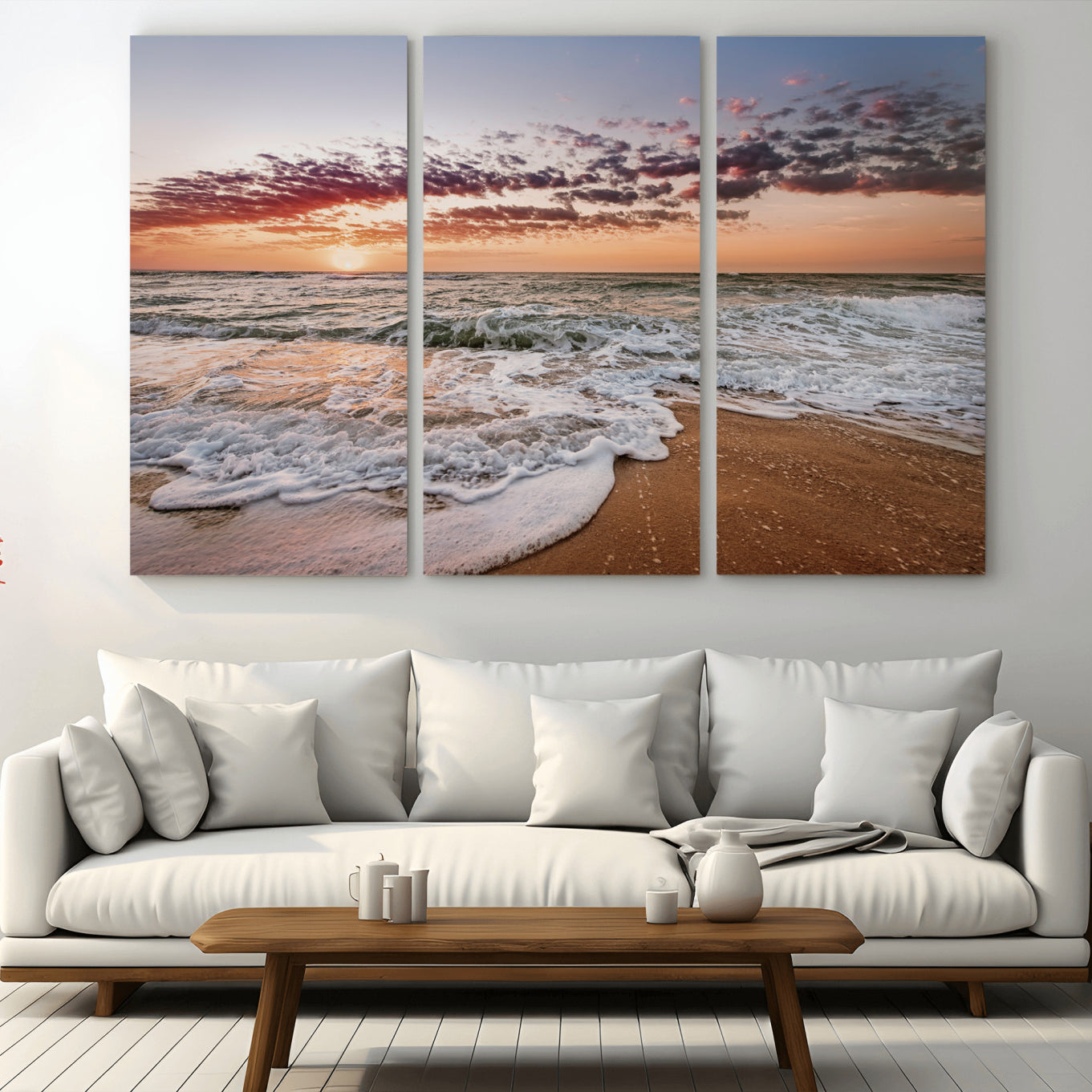 39846389-MGV-CV-36X24-Ocean Sunset Wall Art Canvas Print – Framed Sandy Shore Gentle Waves Coastal Landscape Minimalist Artwork for Home, Office