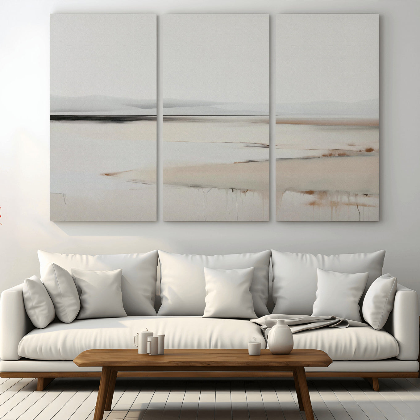 89410095-MGV-CV-36X24-Minimalist Landscape Wall Art Canvas Print – Framed Soft Horizon Abstract Seascape Earthy Tones Artwork for Home Office