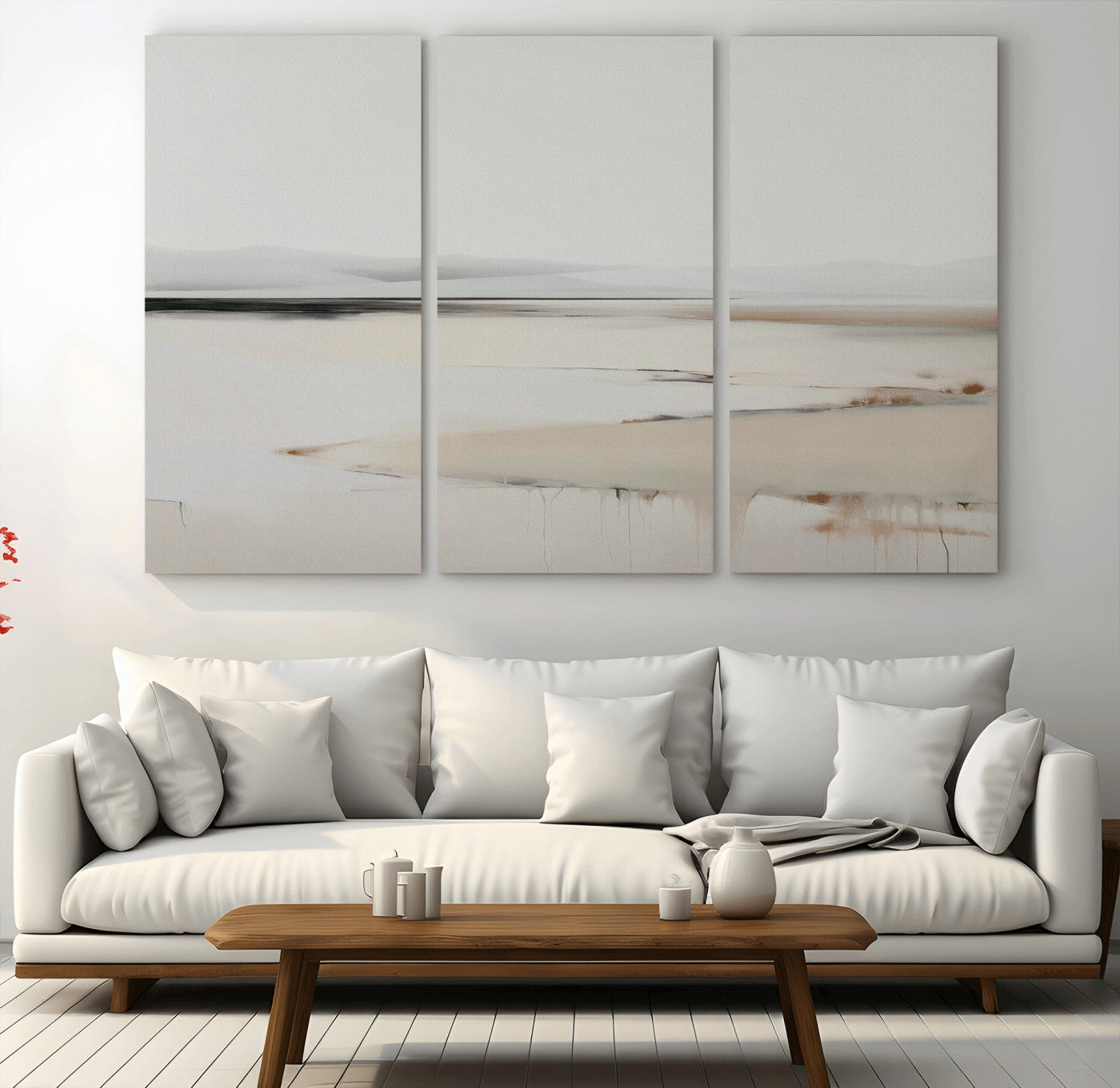 89410095-MGV-CV-36X24-Minimalist Landscape Wall Art Canvas Print – Framed Soft Horizon Abstract Seascape Earthy Tones Artwork for Home Office