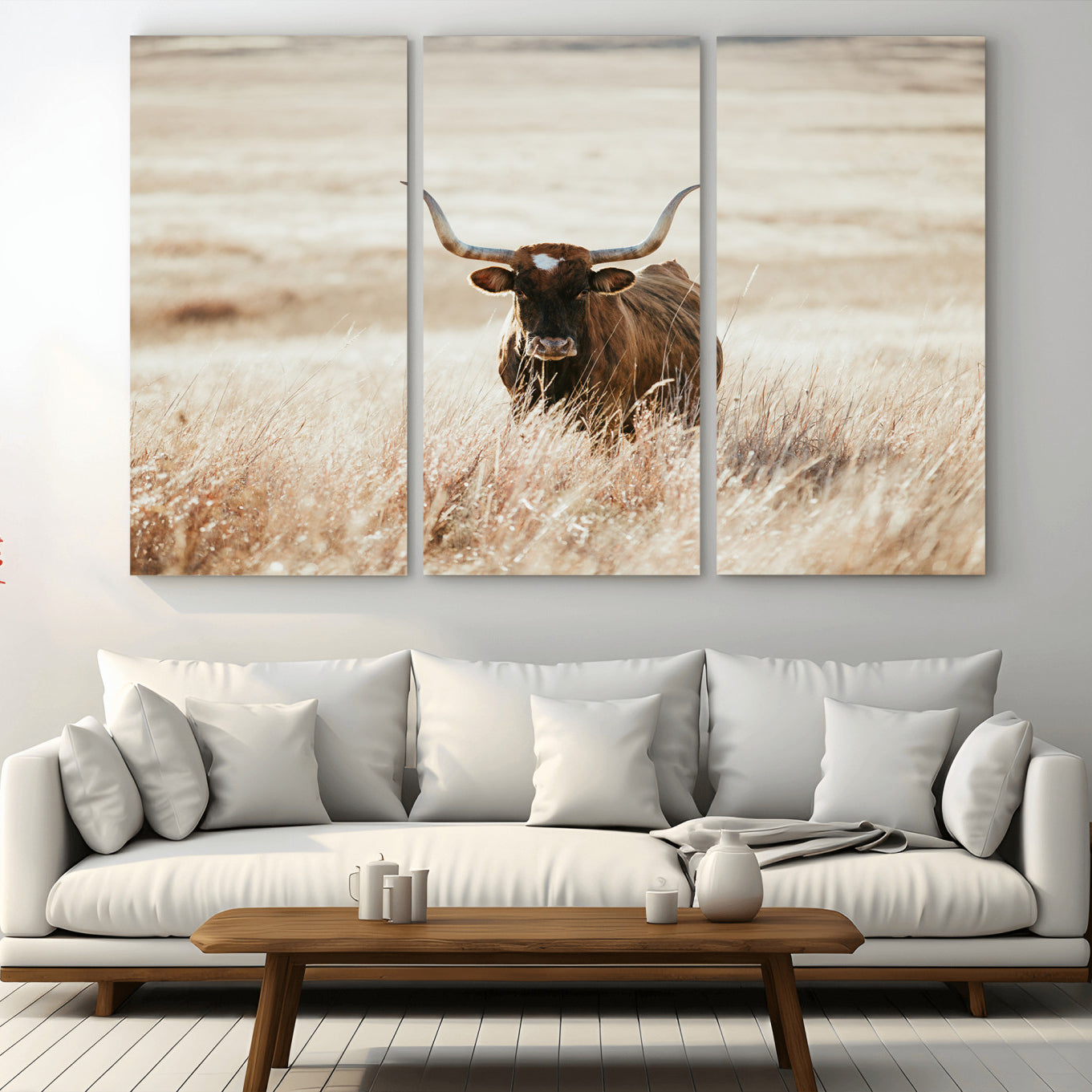 -Texas Longhorn Wall Art Canvas Print, Framed Brown Cattle Art Picture Print, Horned Bull Perfect Rustic Western Decor Artwork