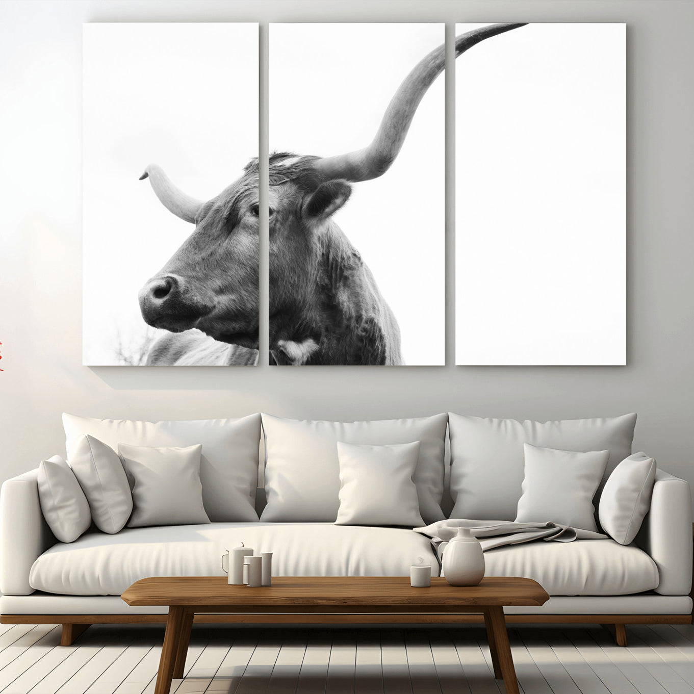 -Longhorn Wall Art Wall Art Canvas Print, Framed Modern Ranch Style Art Art Picture Print, Monochrome Cow Print Perfect Rustic Western Decor Artwork