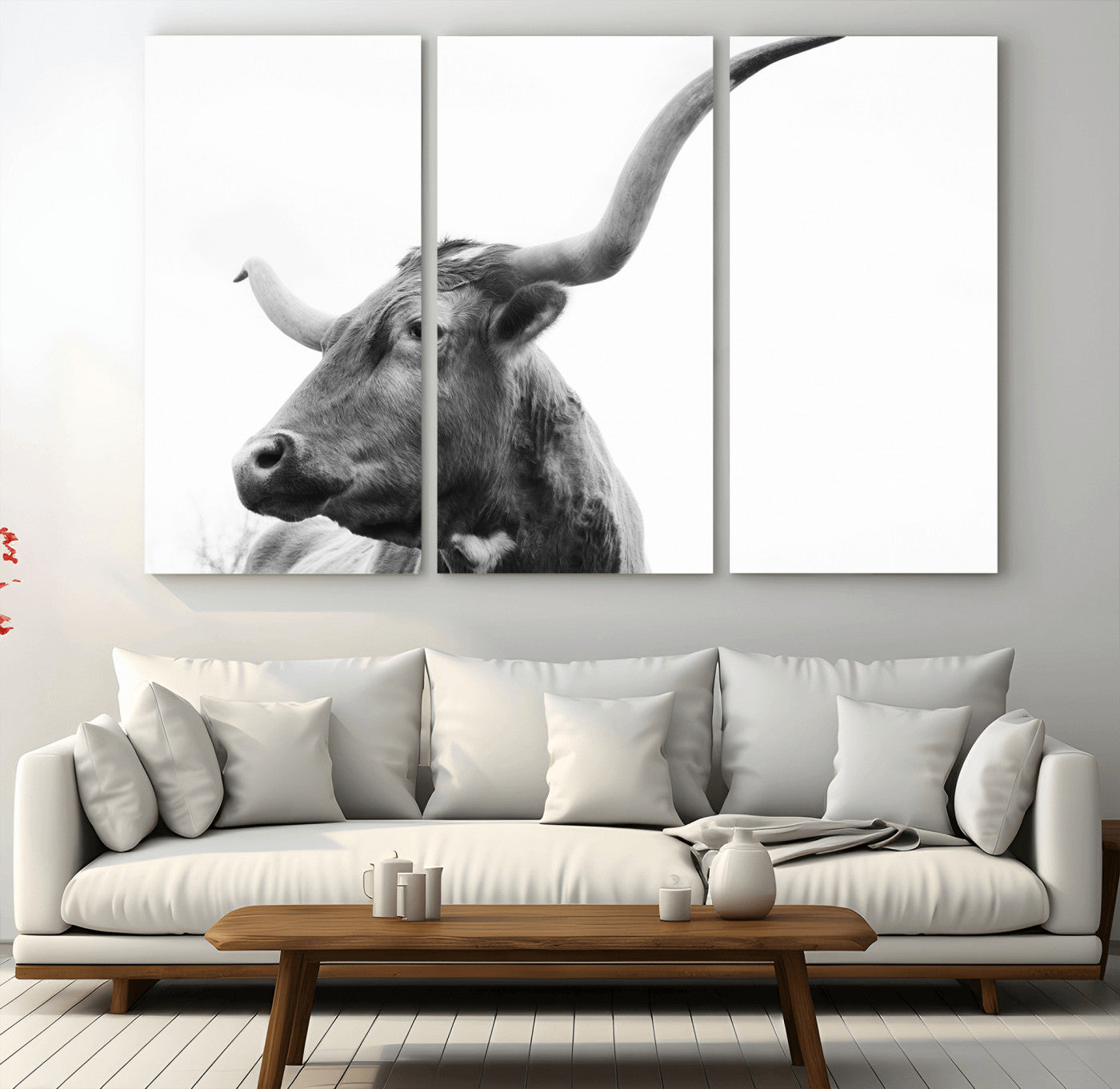 64392617-MGV-CV-36X24-Longhorn Wall Art Canvas Print – Framed Monochrome Ranch Cow Rustic Western Artwork for Home, Office