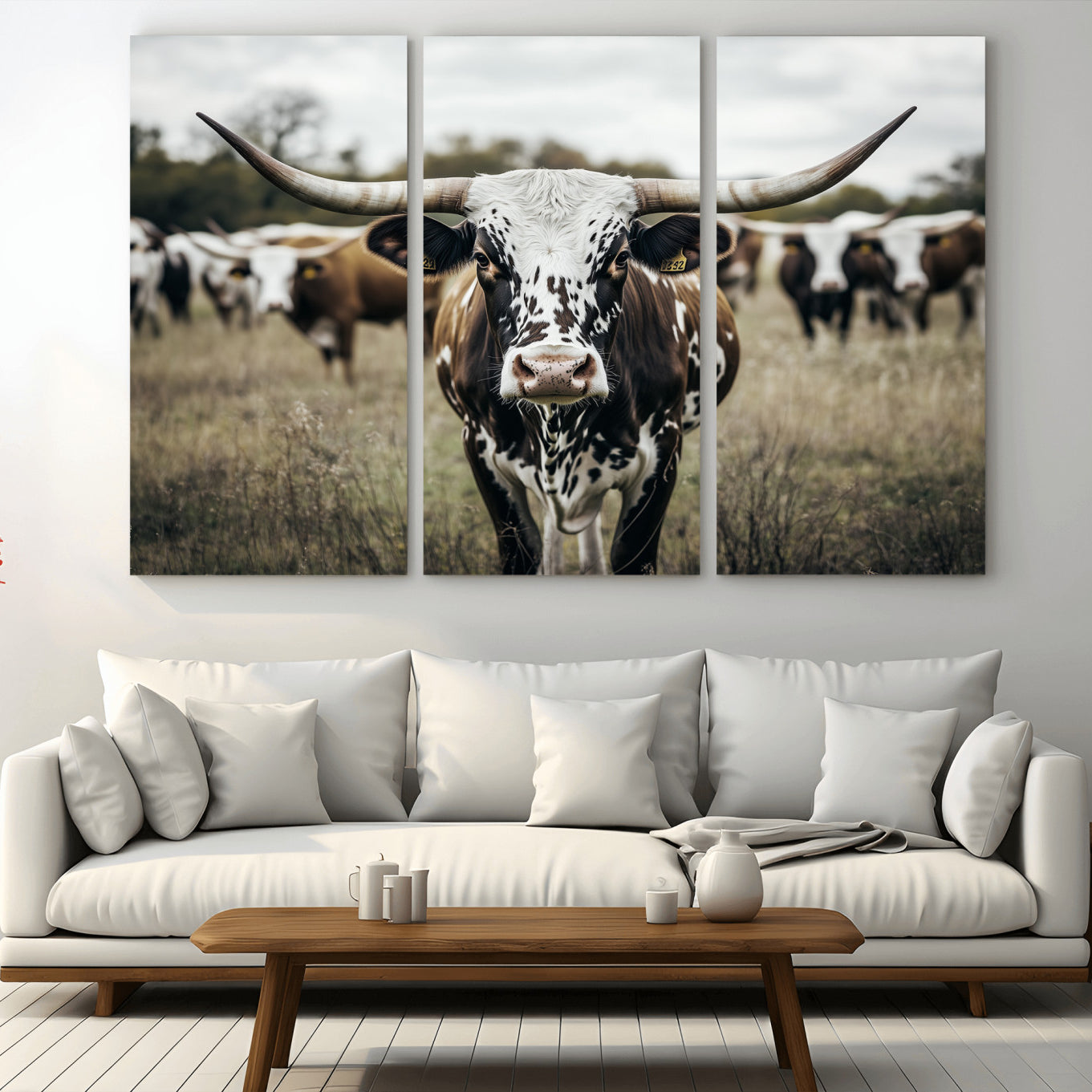 MGV-CV-48X32-3P - Majestic Longhorn Cow Wall Art – Canvas Print of Intricate Fur & Sharp Horns Earthy Tones Serene Landscape, Rustic Charm Decor for Living Room, Office or Bedroom