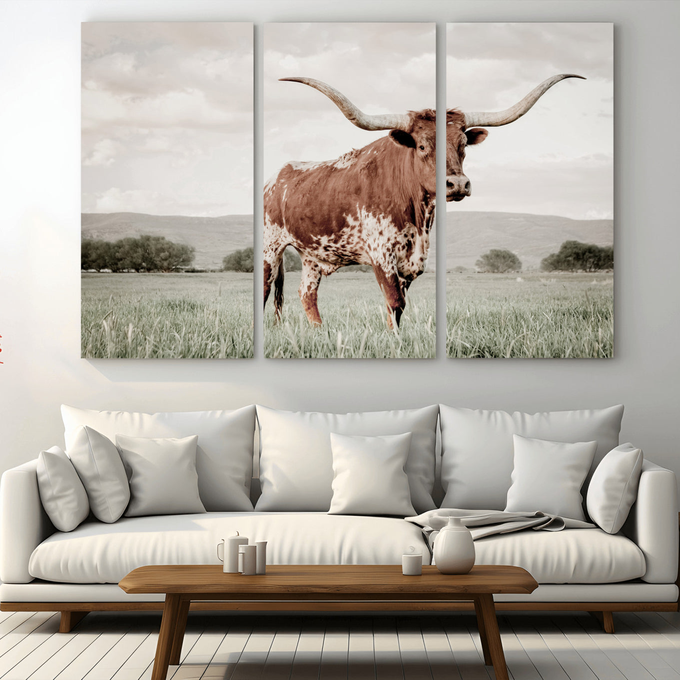 MGV-CV-48X32-3P - Texas Longhorn Wall Art Canvas Print, Framed Spotted Cattle Art Picture Print, Horned Bull Perfect Rustic Western Decor Artwork