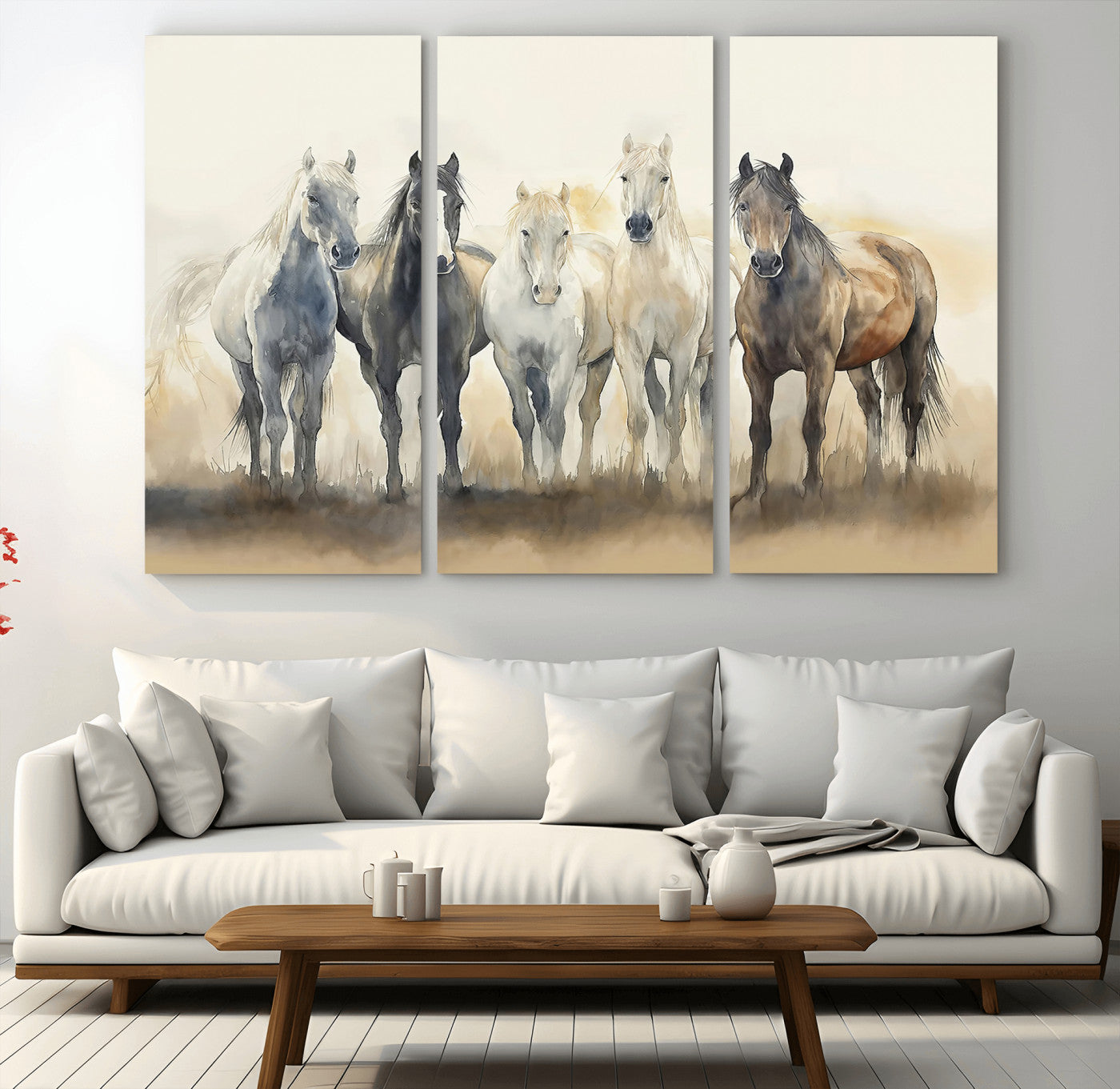 MGV-CV-48X32-3P - Wild Horses Wall Art Canvas Print, Framed Running Horses Art Picture Print, Watercolor Horses Perfect Rustic Western Decor Artwork
