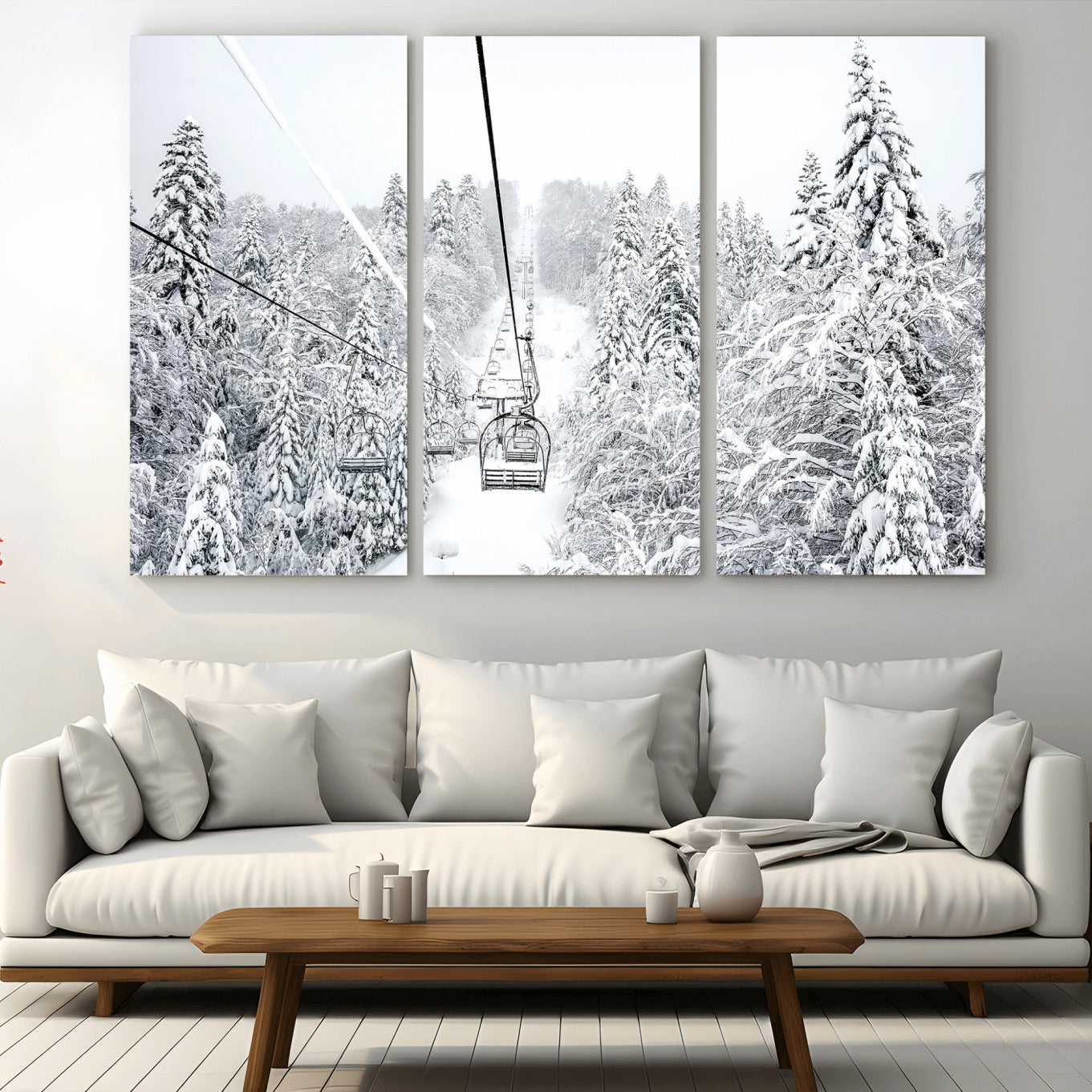 MGV-CV-48X32-3P - Snowy Forest Escape Wall Art – Canvas Print of Majestic Snow Covered Pines & Silent Chairlift, Serene Winter Wonderland Decor for Living Room, Office or Bedroom
