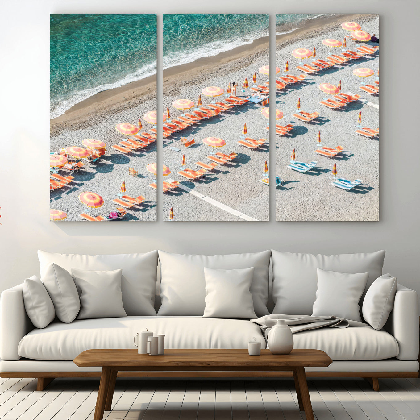 27805351-MGV-CV-36X24 - Beach Umbrellas Wall Art – Orange Loungers & Turquoise Water Canvas Print, Sandy Shore and Summer Vibes