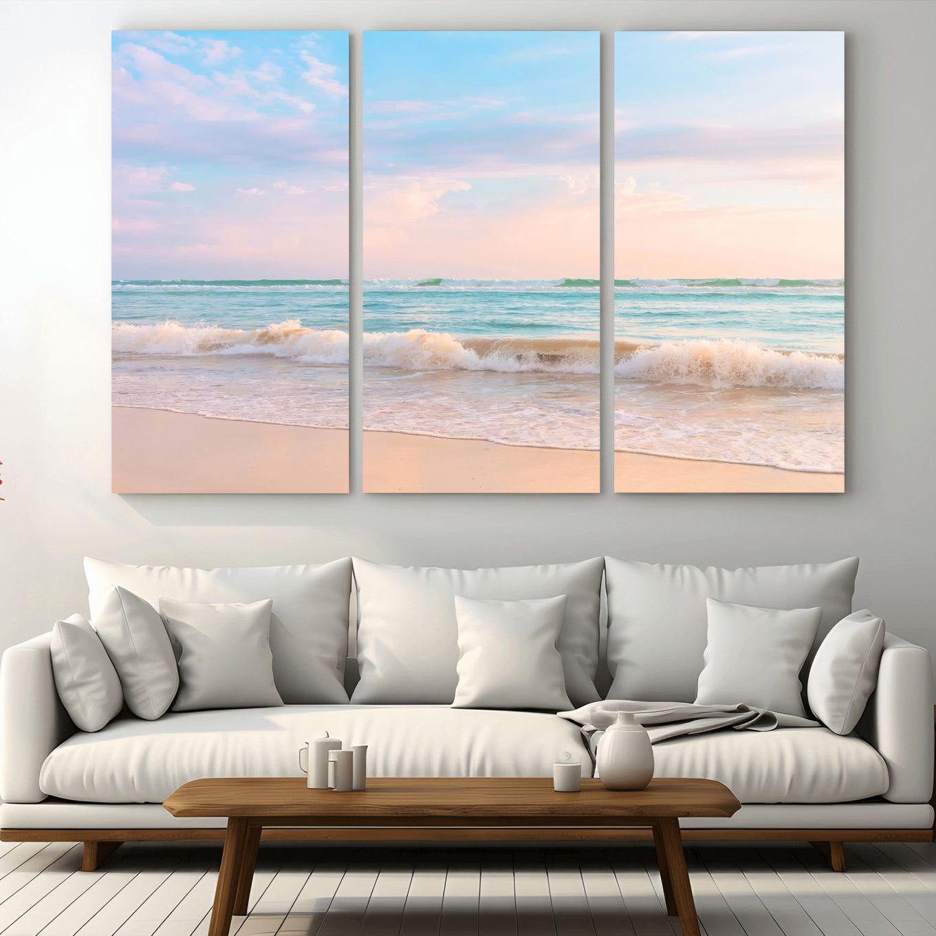 74679437-MGV-CV-36X24 - Serene Waves Wall Art – Golden Shore & Soft Pastel Sky Canvas Print, Gentle Ocean and Peaceful Sunset for Living Room or Office