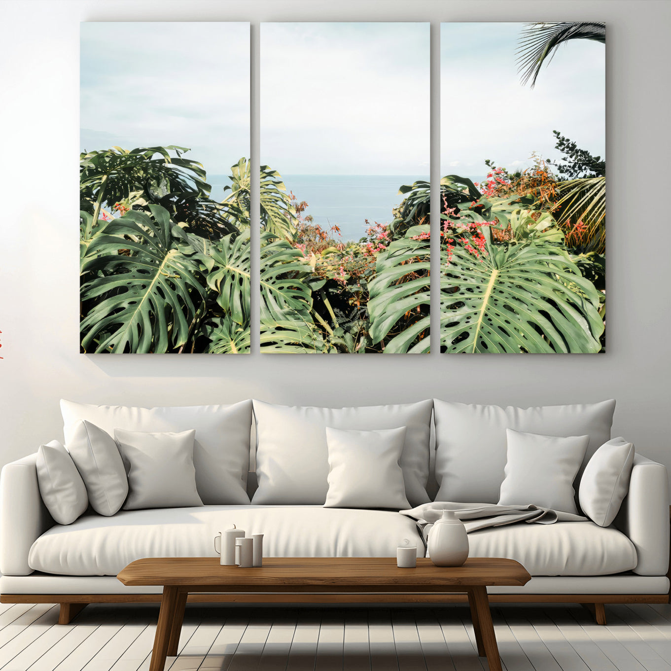 45700479-MGV-CV-36X24 - Tropical Greenery Wall Art – Exotic Leaves & Ocean View Canvas Print, Sunlit Paradise and Vibrant Nature for Living Room or Coastal Decor