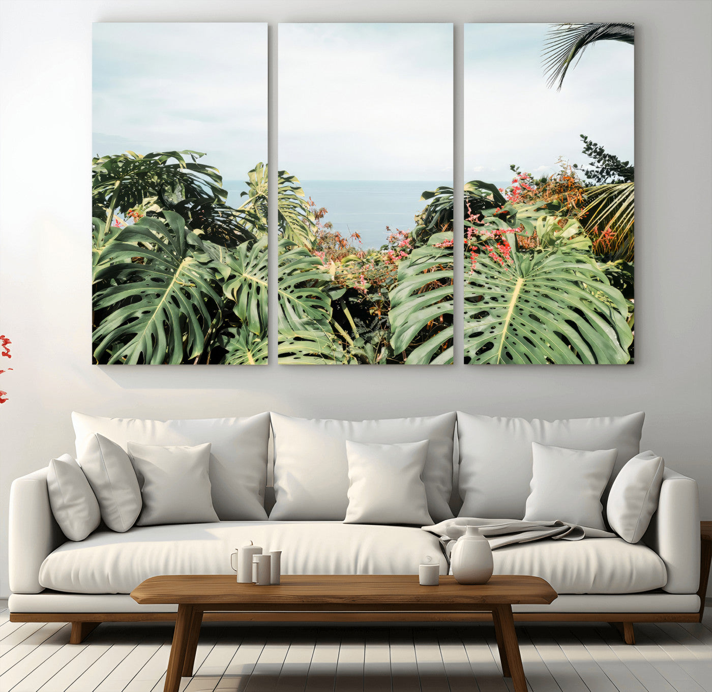 45700479-MGV-CV-36X24 - Tropical Greenery Wall Art – Exotic Leaves & Ocean View Canvas Print, Sunlit Paradise and Vibrant Nature for Living Room or Coastal Decor