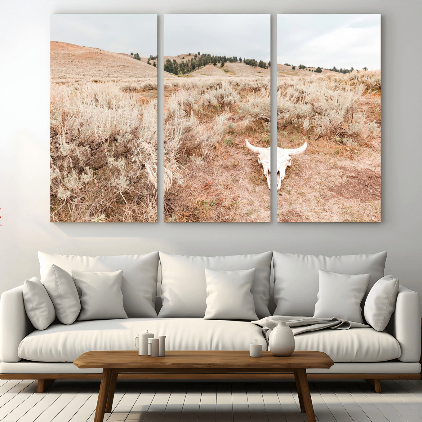 97234735-MGV-CV-36X24 - Desert Skull Wall Art – Arid Landscape & Sagebrush Canvas Print, Rustic Nature and Earth Tones for Living Room or Minimalist Decor