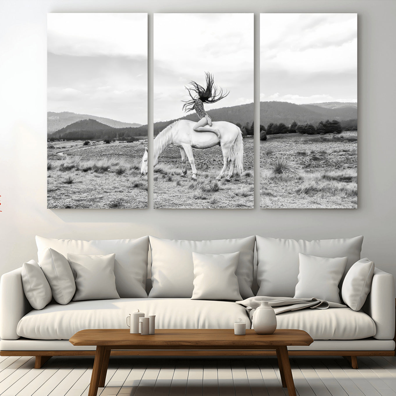 62789800-MGV-CV-36X24-White Horse Wall Art Canvas Print – Framed Woman Rider Equestrian Pose Western Boho Elegant Artwork for Home Office