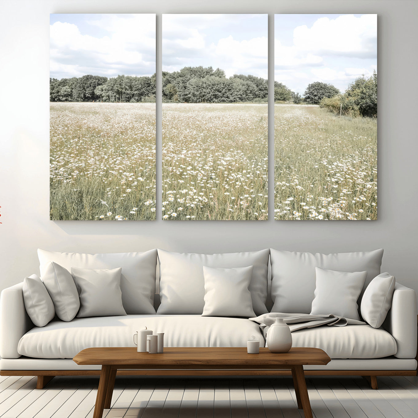 43258946-MGV-CV-36X24-Charming Daisy Field Wall Art Canvas Print – Framed Pastel Flower Meadow Bloom Scandinavian Minimal Artwork for Home Office