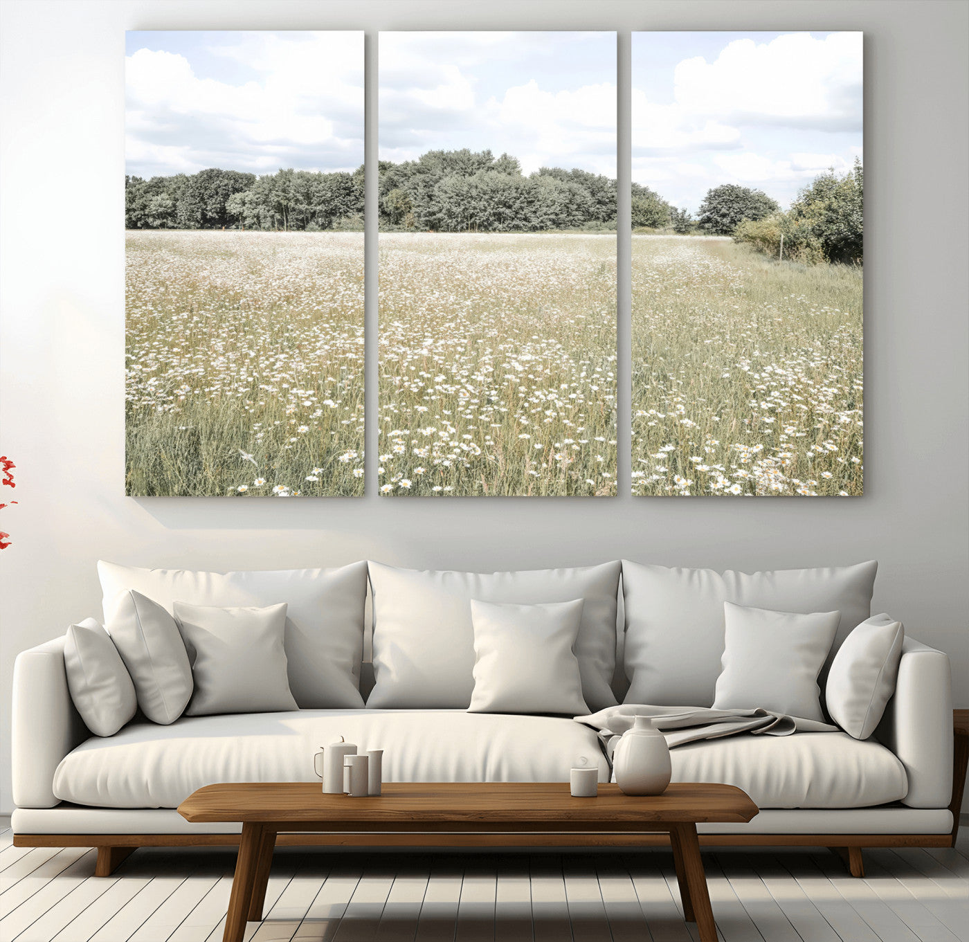 43258946-MGV-CV-36X24-Charming Daisy Field Wall Art Canvas Print – Framed Pastel Flower Meadow Bloom Scandinavian Minimal Artwork for Home Office