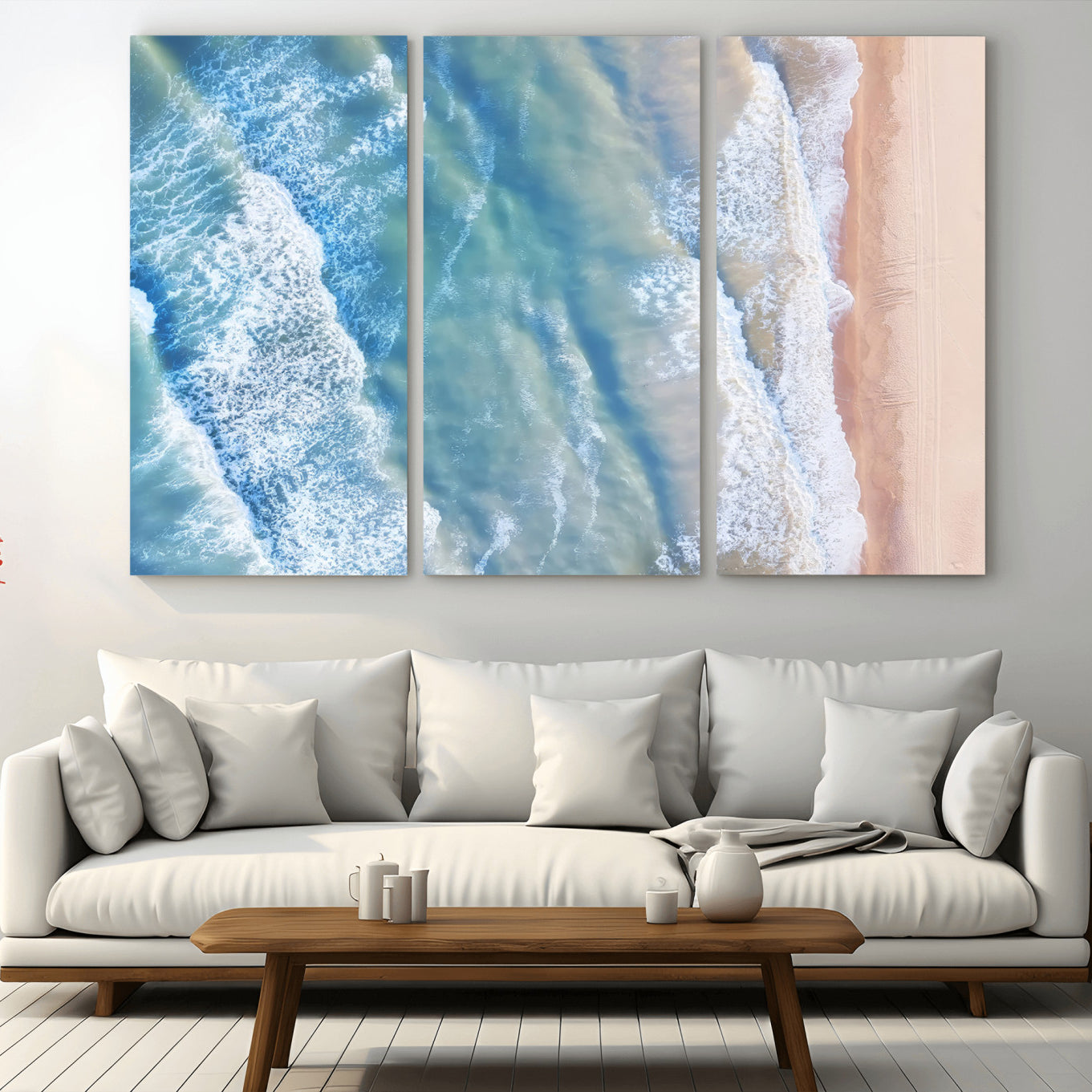 -Aerial Ocean View Wall Art Canvas Print, Framed Soft Blue Waves Art Picture Print, Sandy Shoreline Perfect Modern Coastal Decor Artwork