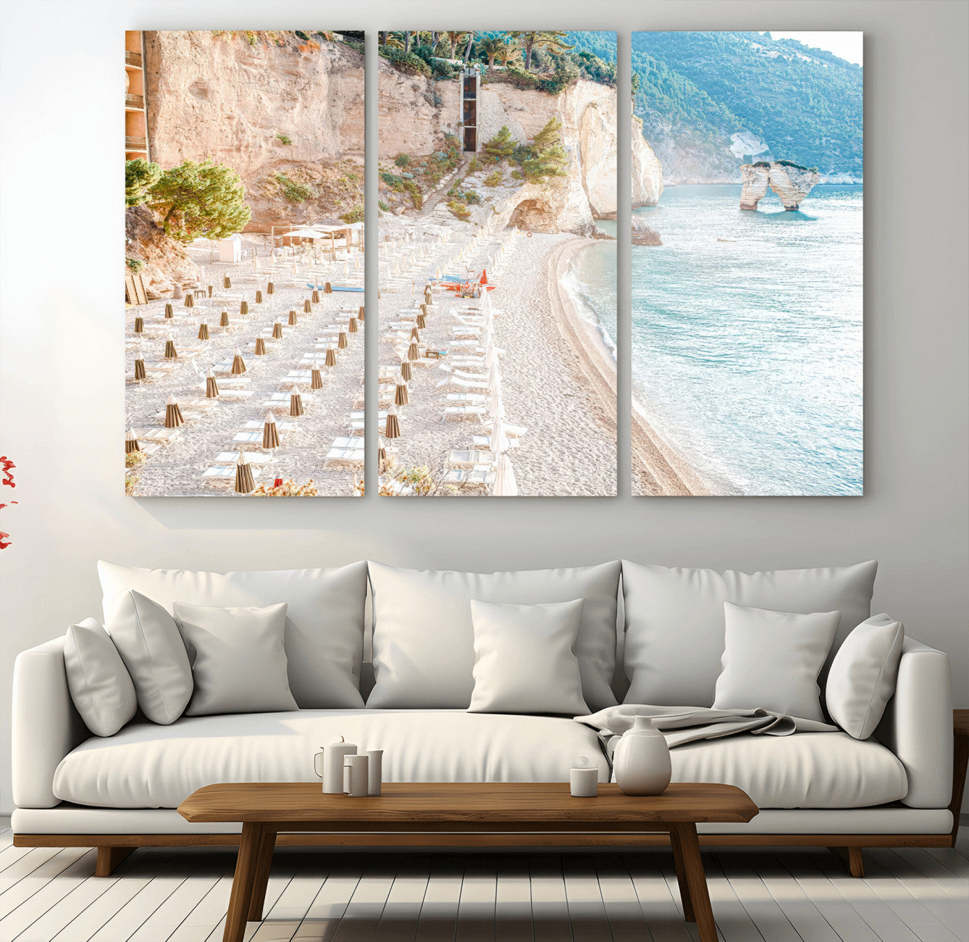 84816639-MGV-CV-36X24 - Sunny Beach Wall Art – Chairs & Umbrellas Canvas Print, Clear Water, Rocky Cliffs, Coastal Calm for Living Room or Vacation Home Decor